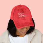 Vintage Embroidered 'DOG MOM' Cap — Washed Red Baseball Hat for Dog Lovers