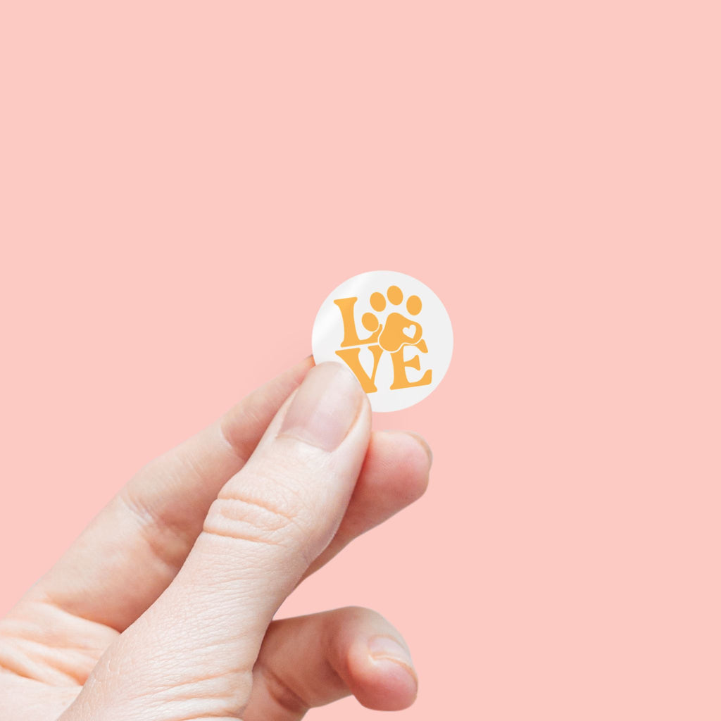 Round Pet Love Sticker Labels — Paw Print "LOVE" Roll