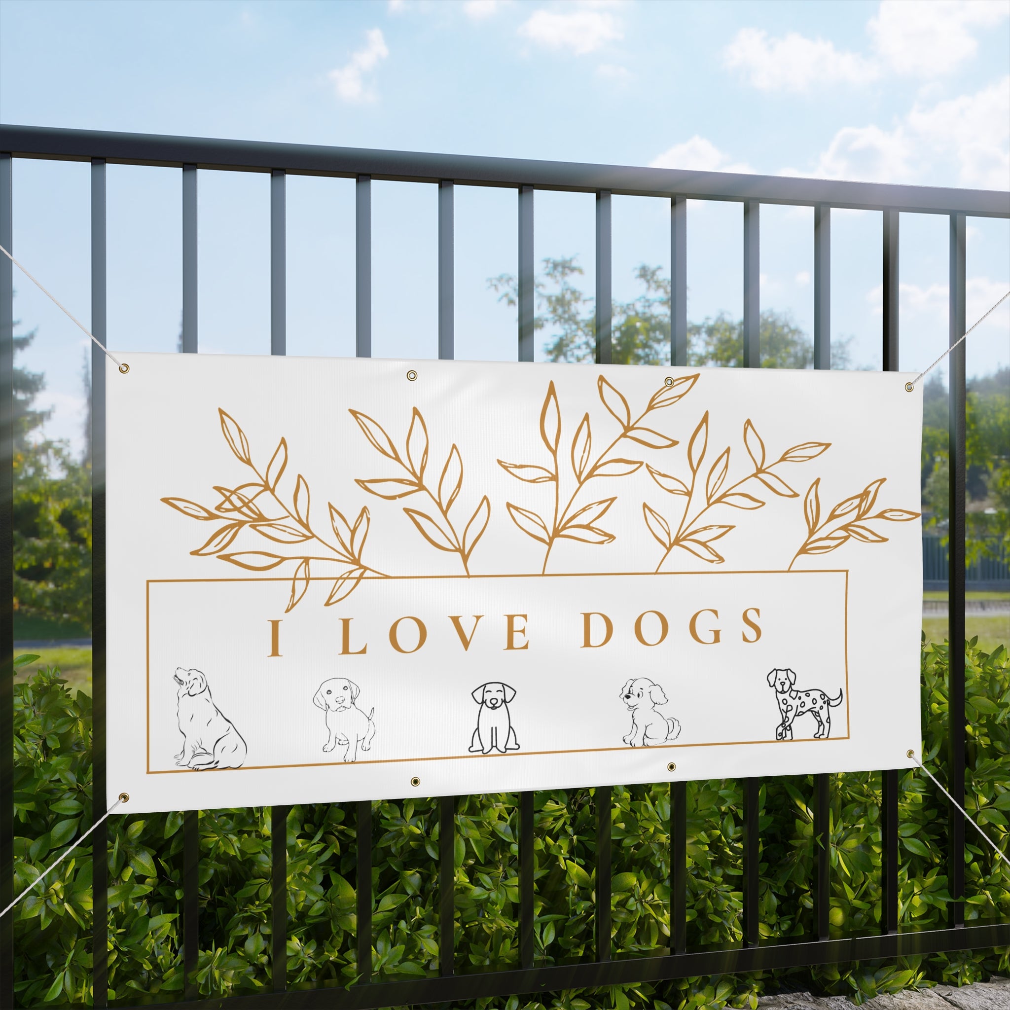 Matte Banner — I Love Dogs Decorative Outdoor/Indoor Sign with Gold Leaf Illustration