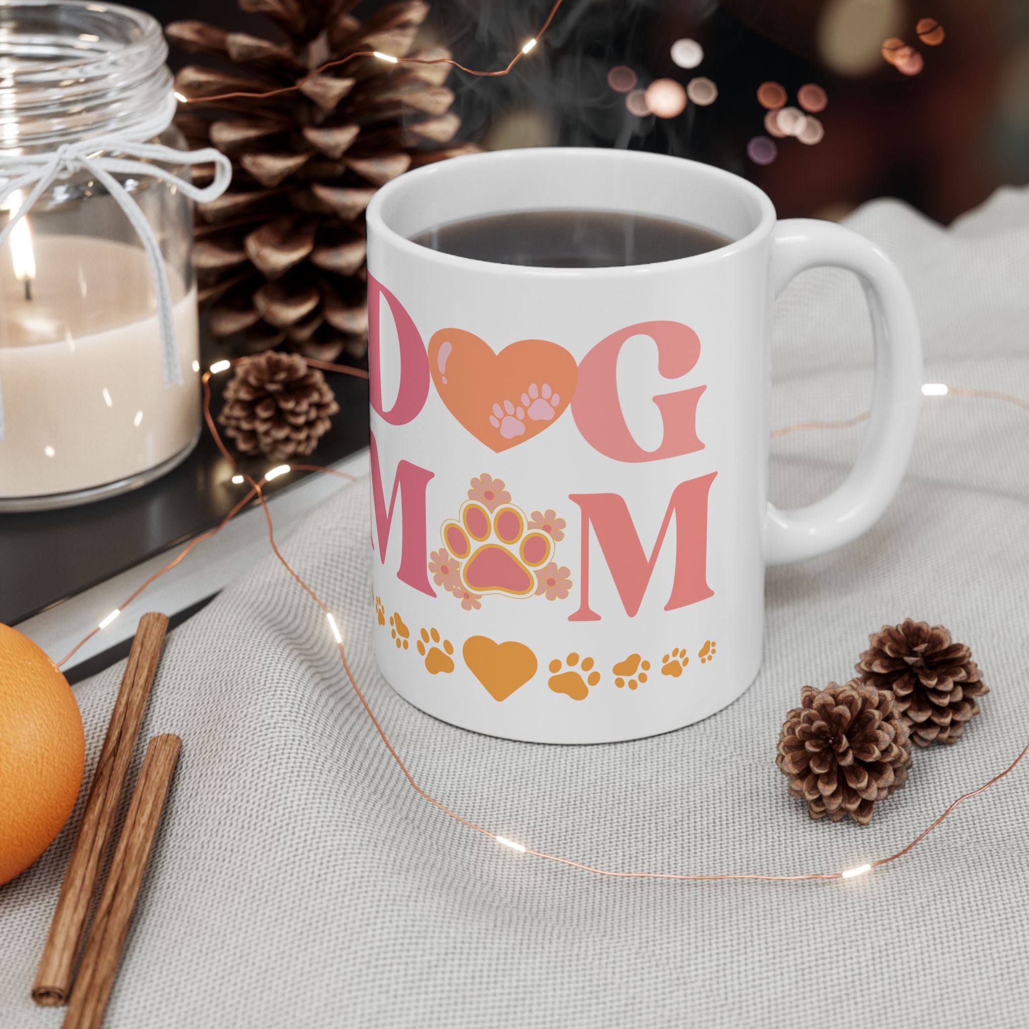 Dog Mom Ceramic Mug — Paw Print Heart Coffee Cup (11oz & 15oz)
