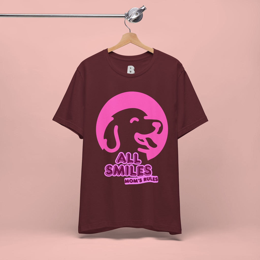 All Smiles Mom's Rules T-Shirt — Cute Pink Dog Graphic Tee for Moms & Pet Lovers