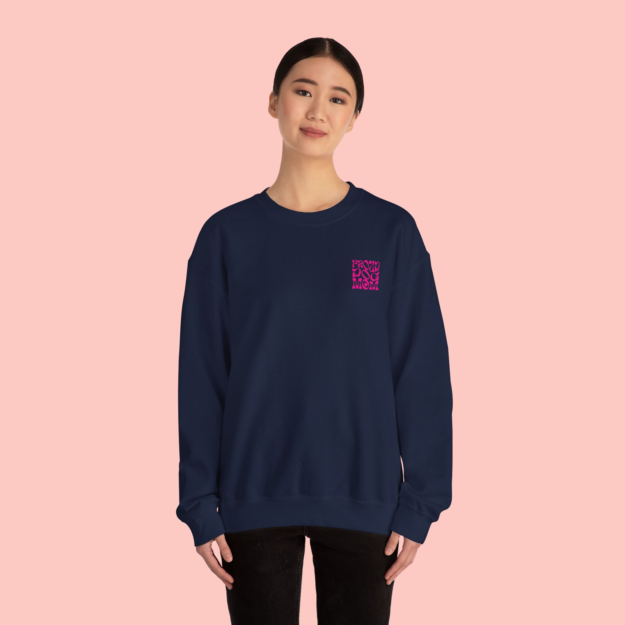 Proud Dog Mom Crewneck Sweatshirt — Retro Pink Graphic