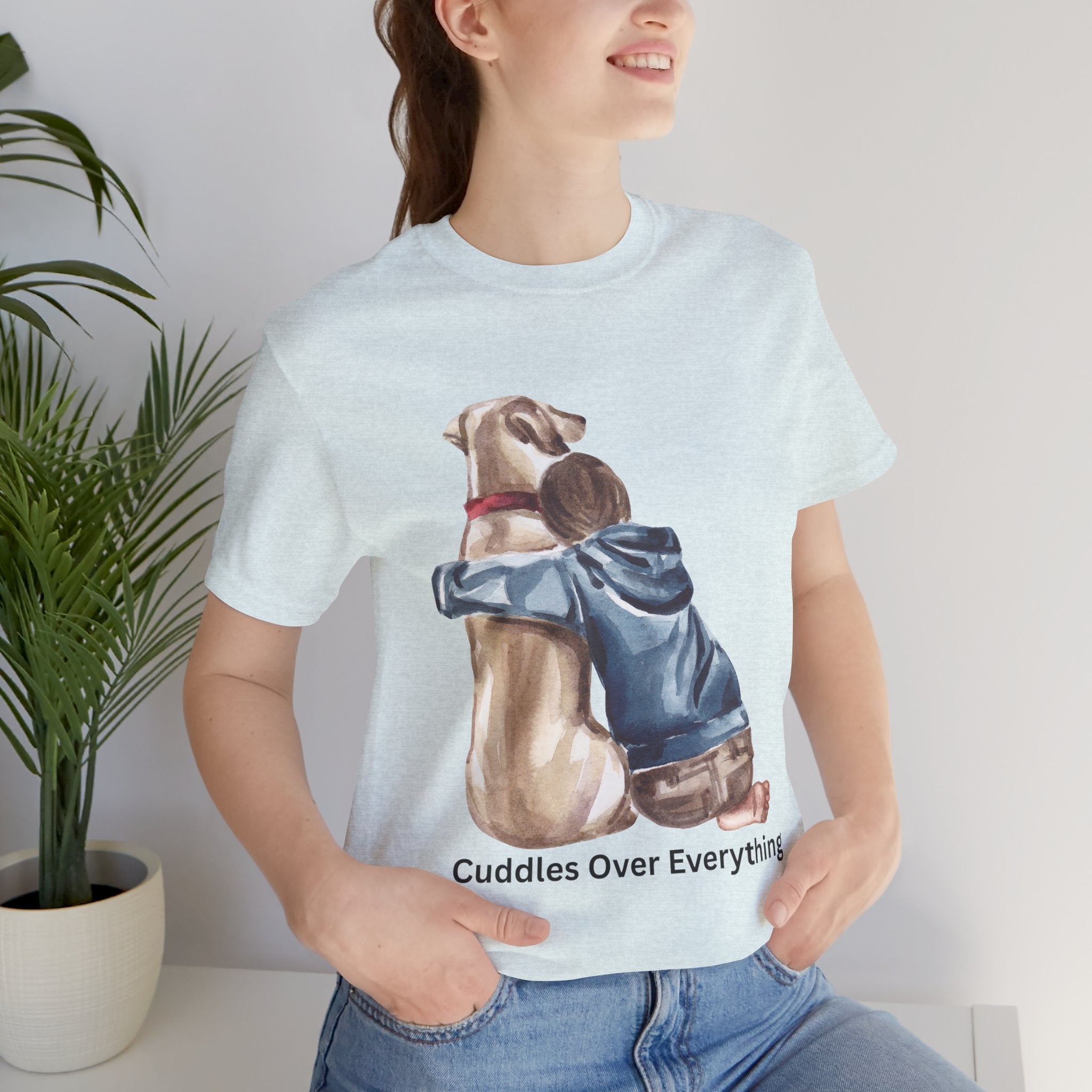 Cuddles Over Everything Tee — Boy Hugging Dog Animal Lover T-Shirt