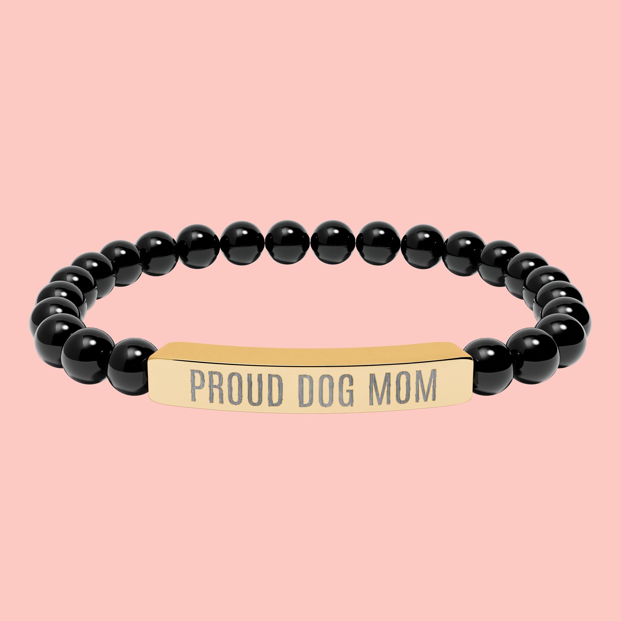 Proud Dog Mom Natural Stone Stretch Bracelet – Engraved Bar Gift for Pet Lovers
