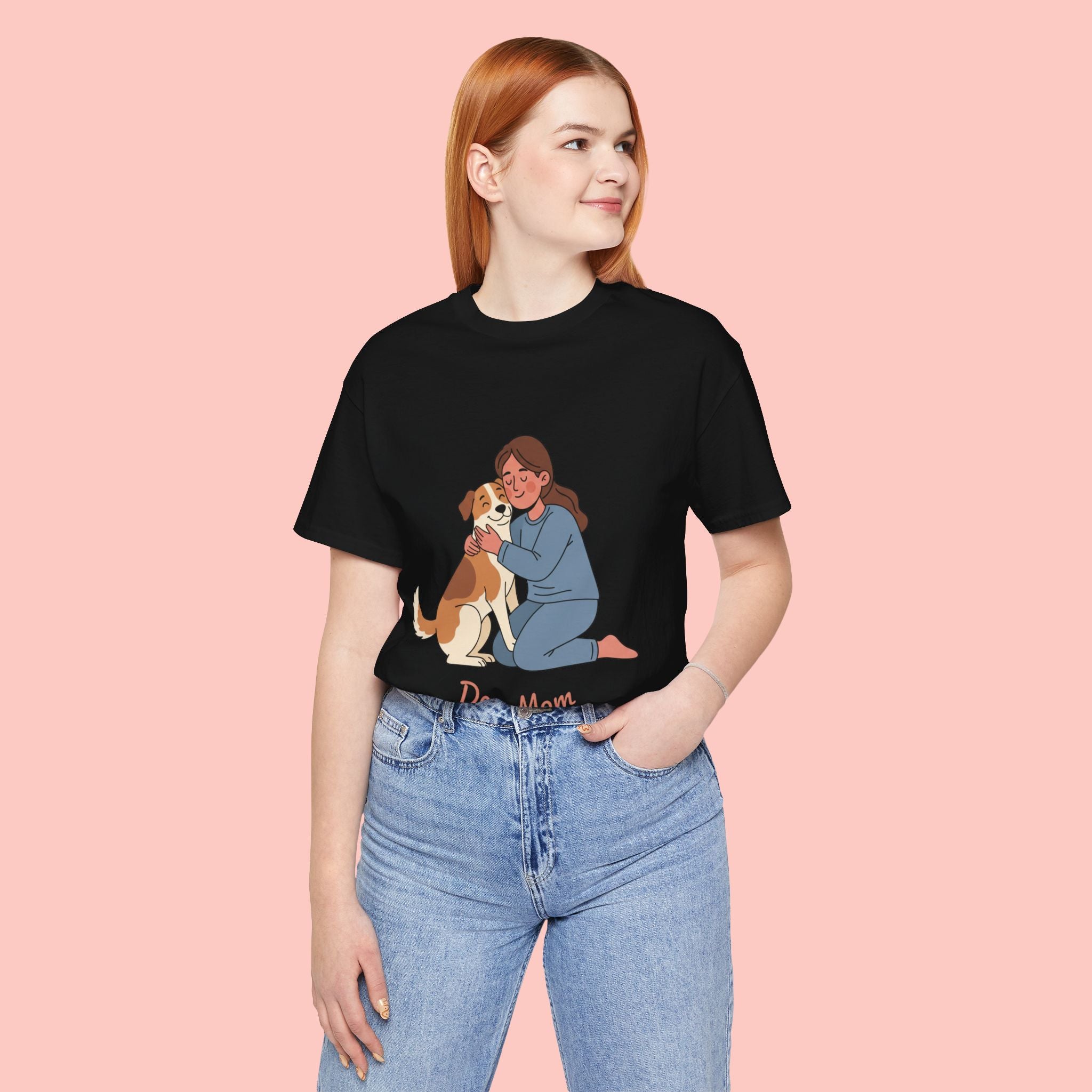Dog Mom T‑Shirt — Cute Woman Hugging Dog Graphic Tee