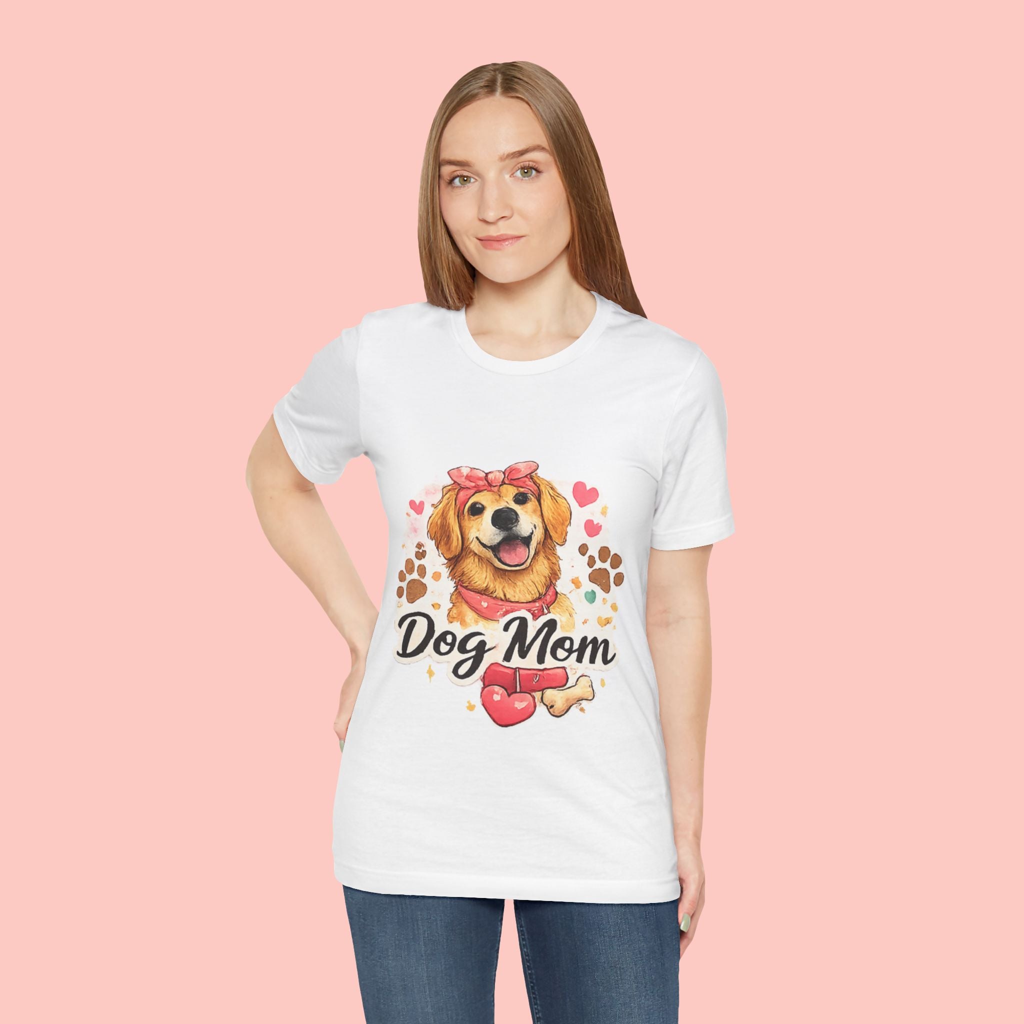 Dog Mom T-Shirt – Cute Golden Retriever Design with Hearts & Paw Prints