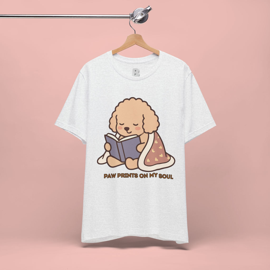 Paw Prints On My Soul T‑Shirt — Cute Reading Puppy Graphic Tee