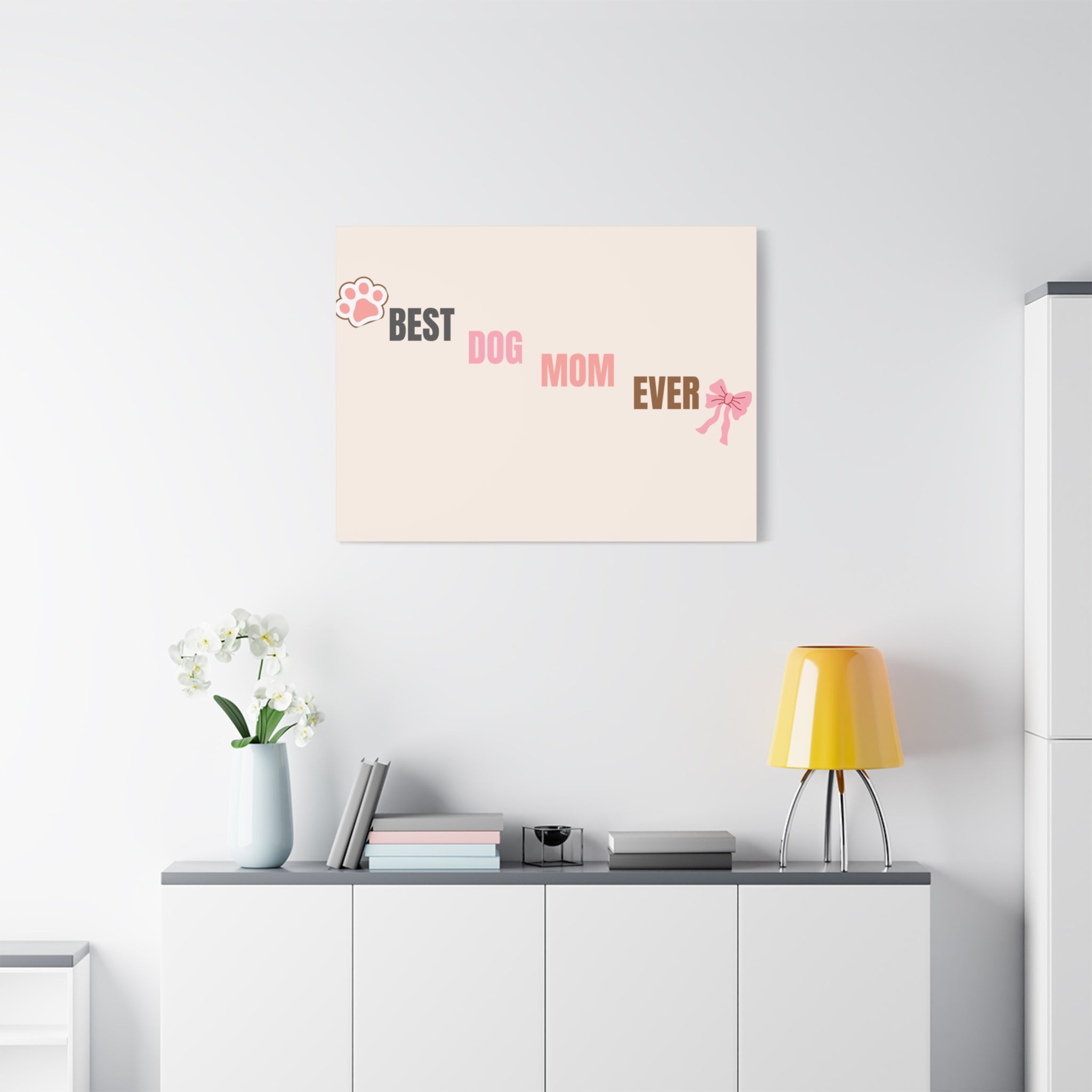 Best Dog Mom Ever Canvas Wall Art — Pink Paw & Bow Matte Stretched Canvas