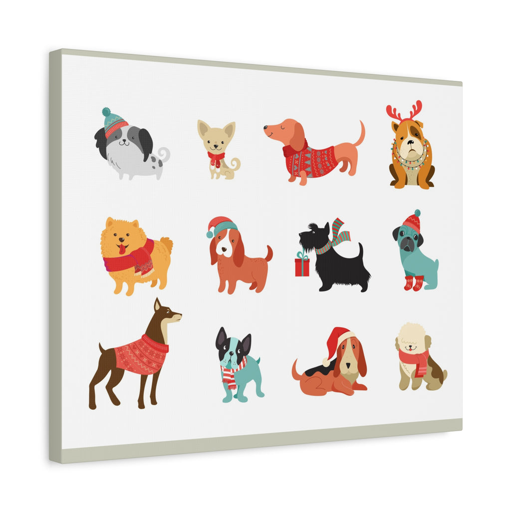 Holiday Dogs Canvas Wall Art — Cute Dachshund, Pug & Mixed Breeds in Winter Sweaters