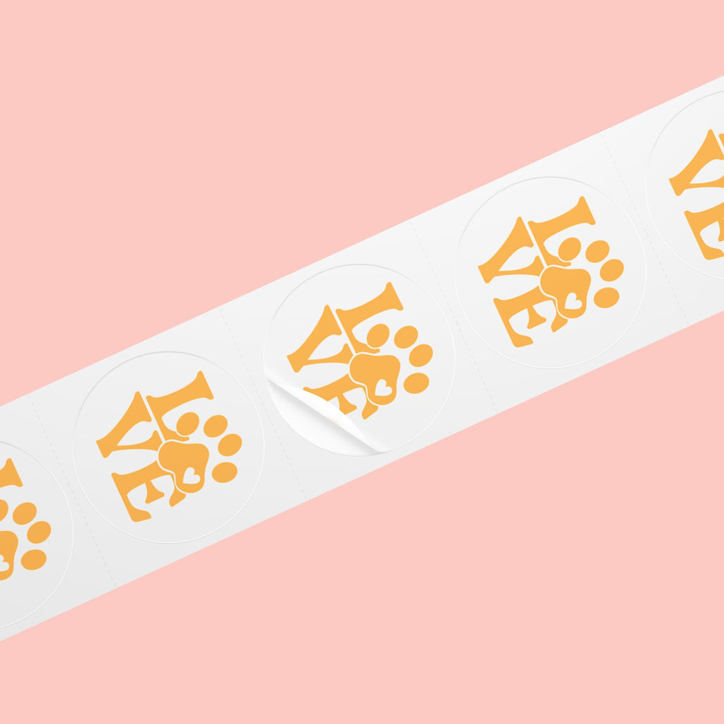Round Pet Love Sticker Labels — Paw Print "LOVE" Roll
