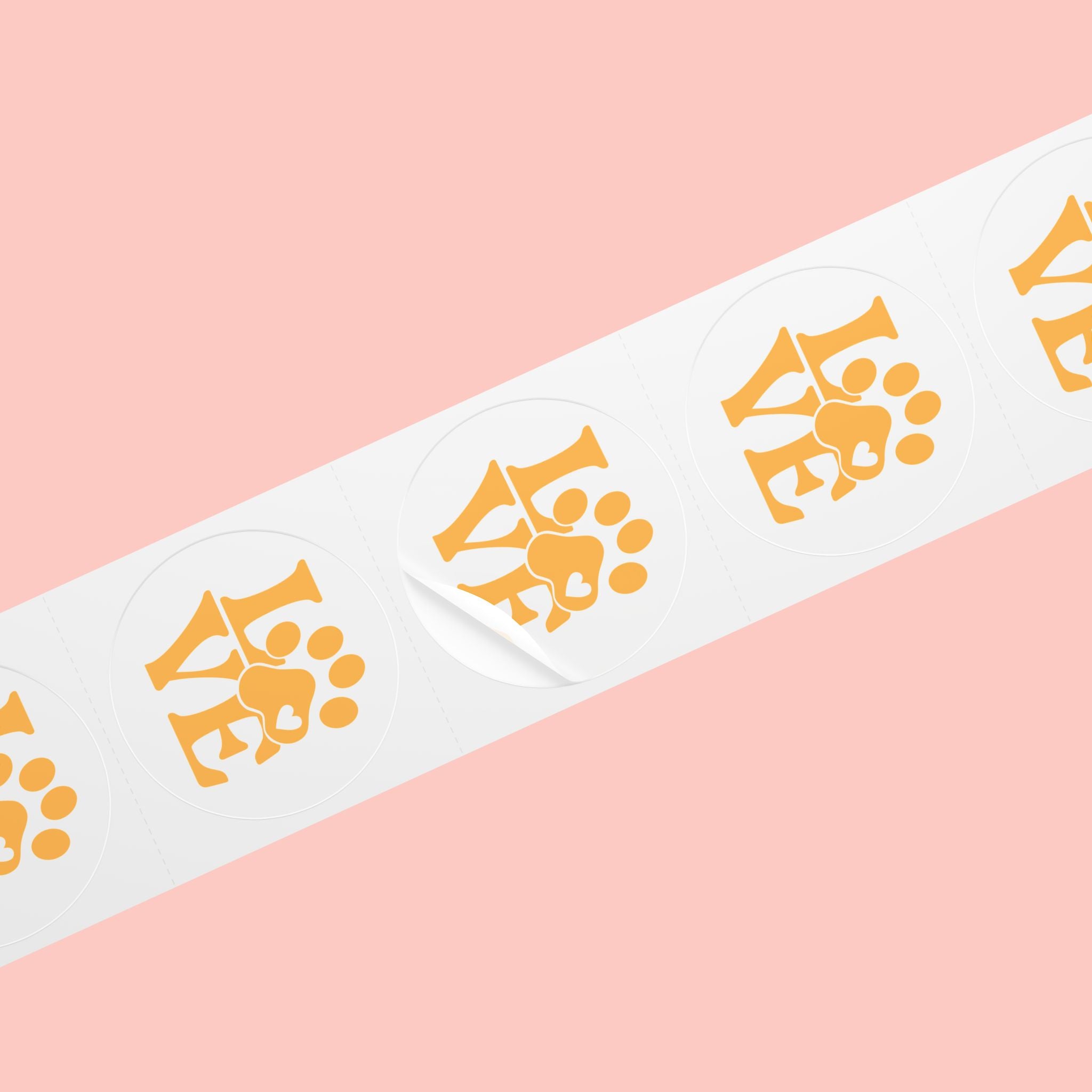Round Pet Love Sticker Labels — Paw Print "LOVE" Roll