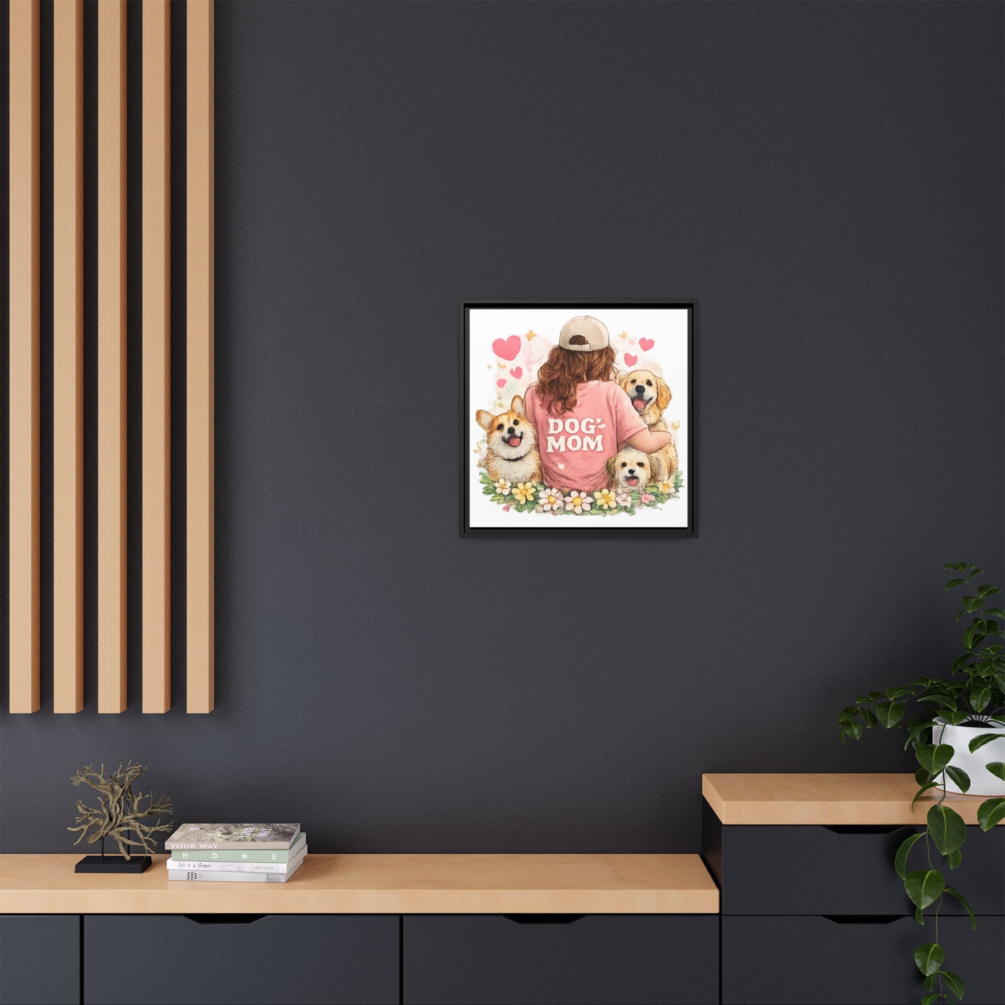 Dog Mom Canvas Print — Framed Matte Wall Art with Cute Dogs & Hearts