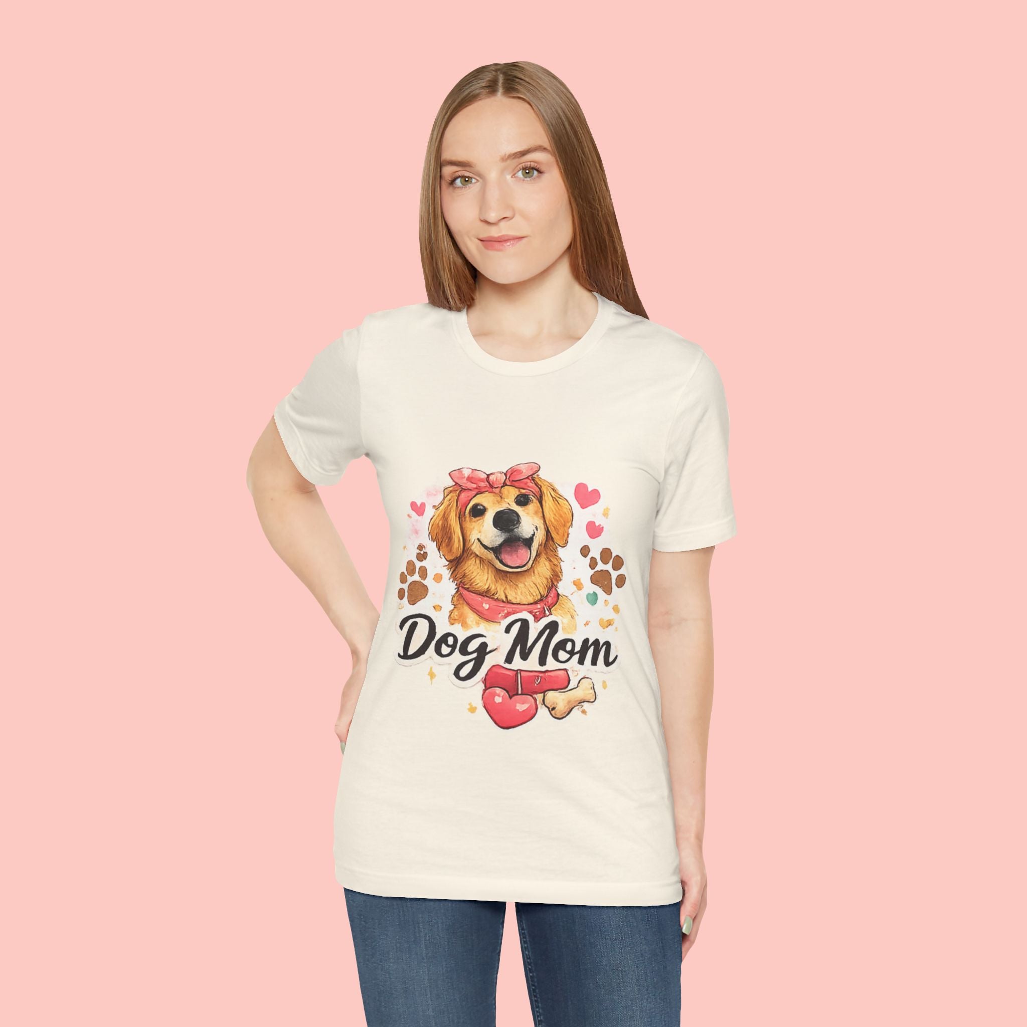 Dog Mom T-Shirt – Cute Golden Retriever Design with Hearts & Paw Prints