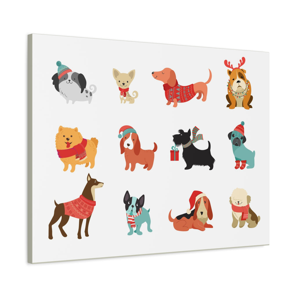 Holiday Dogs Canvas Wall Art — Cute Dachshund, Pug & Mixed Breeds in Winter Sweaters