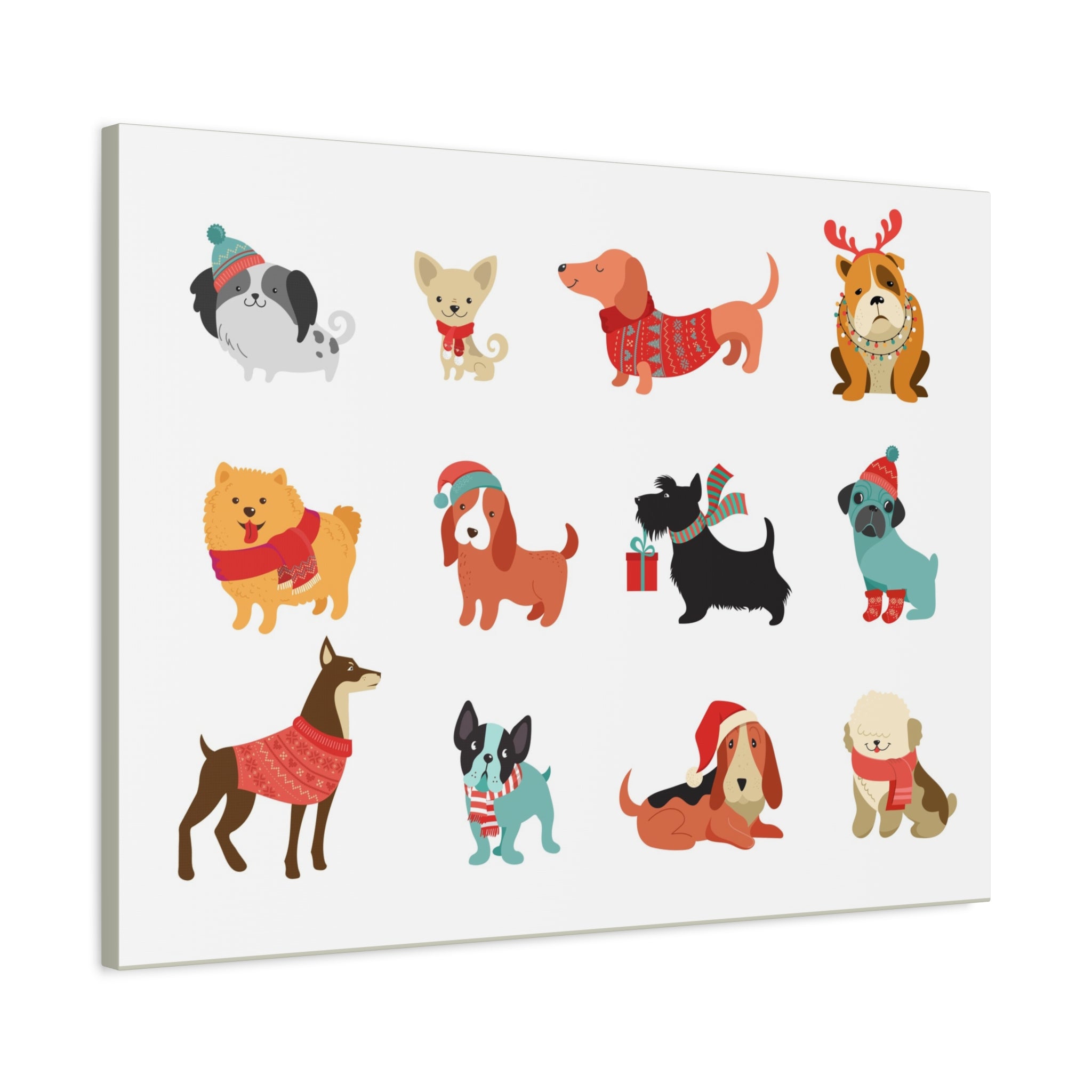 Holiday Dogs Canvas Wall Art — Cute Dachshund, Pug & Mixed Breeds in Winter Sweaters