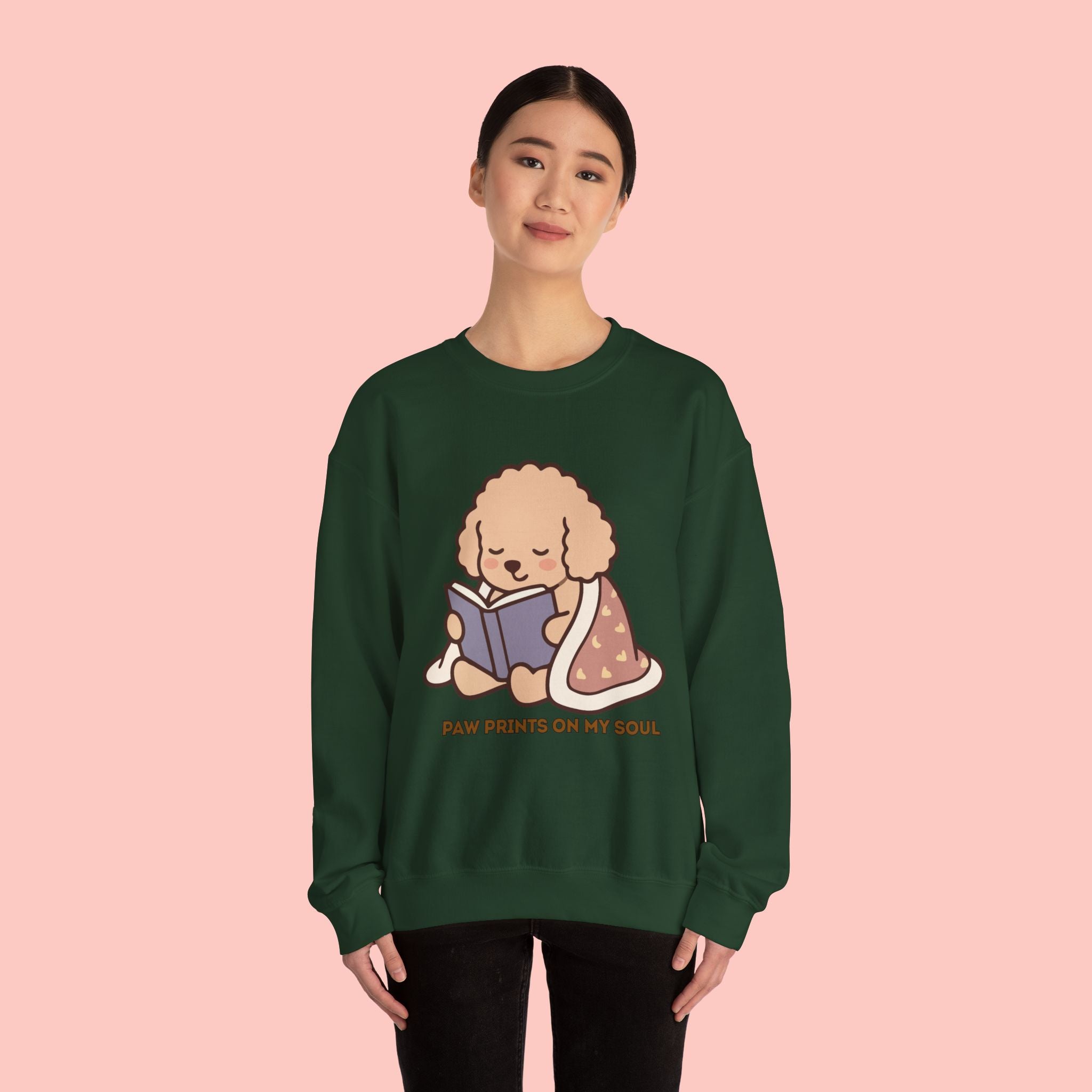 Cozy Reading Puppy Sweatshirt — "Paw Prints On My Soul" Crewneck