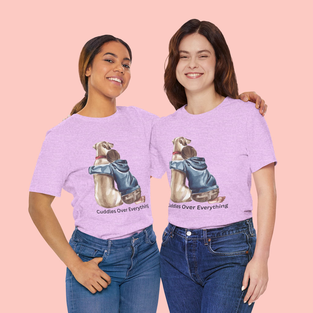 Cuddles Over Everything Tee — Boy Hugging Dog Animal Lover T-Shirt