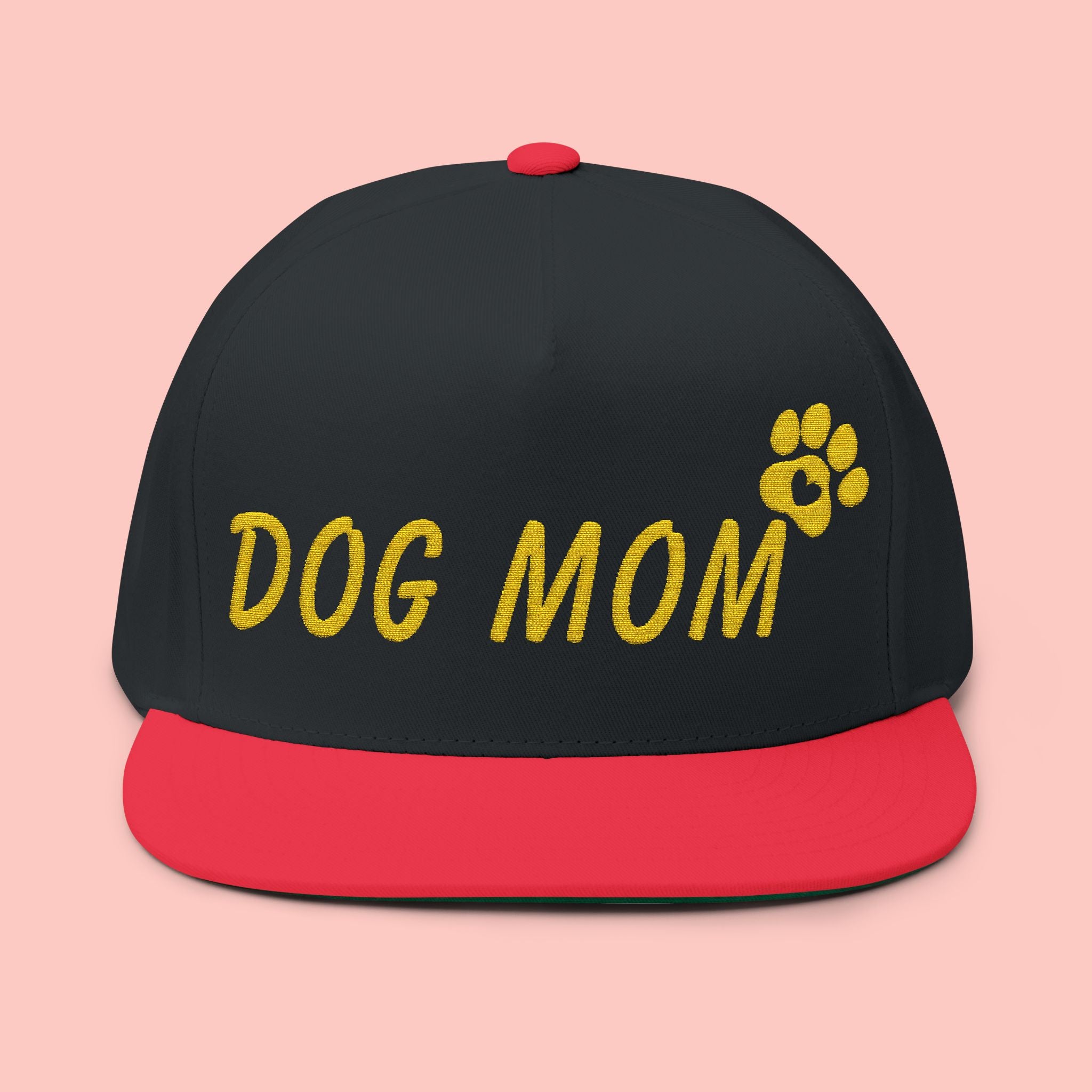 Dog Mom Embroidered Flat Bill Cap — Paw Print Snapback Hat