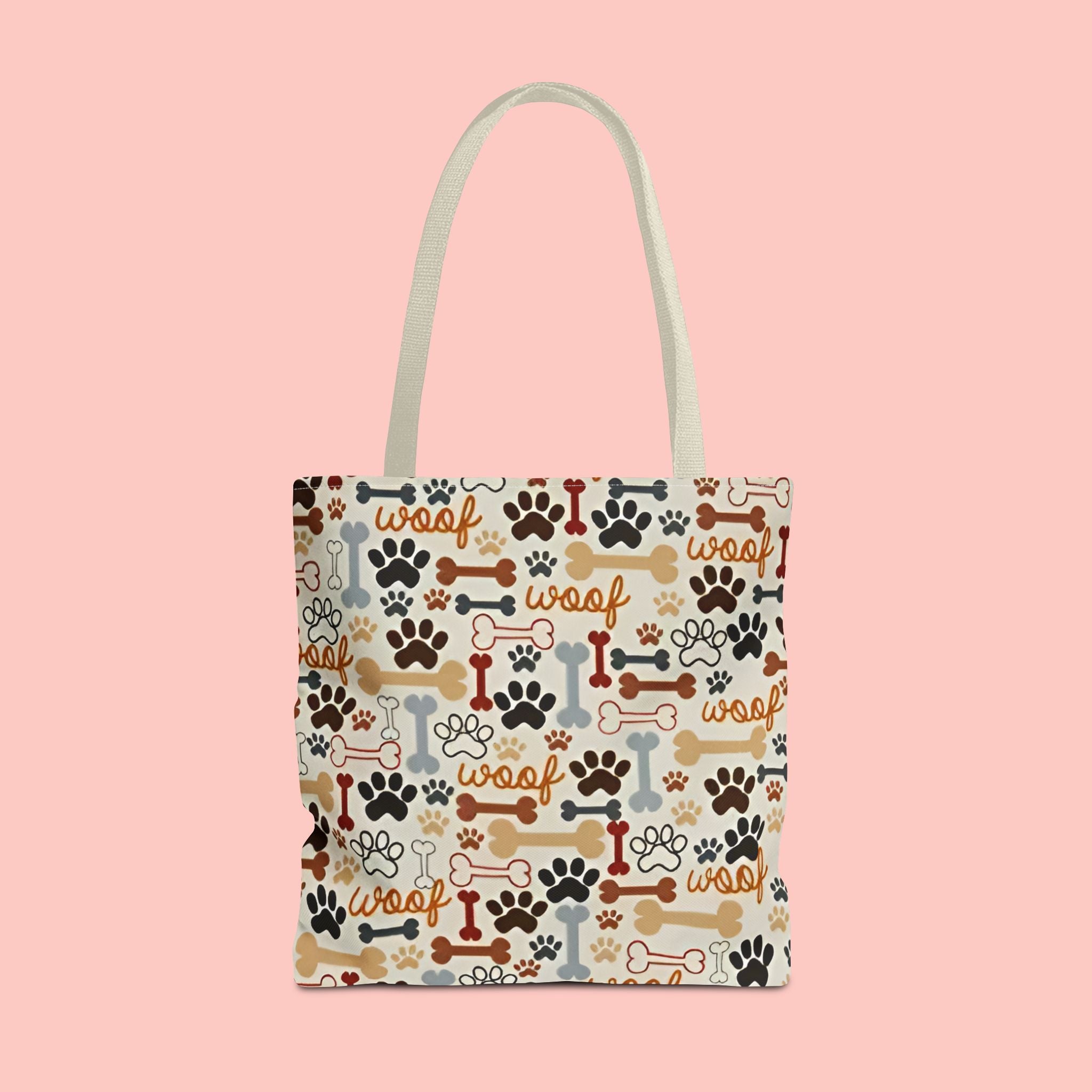 Dog Paw & Bone Pattern Tote Bag — 'Woof' All-Over Print Canvas Tote