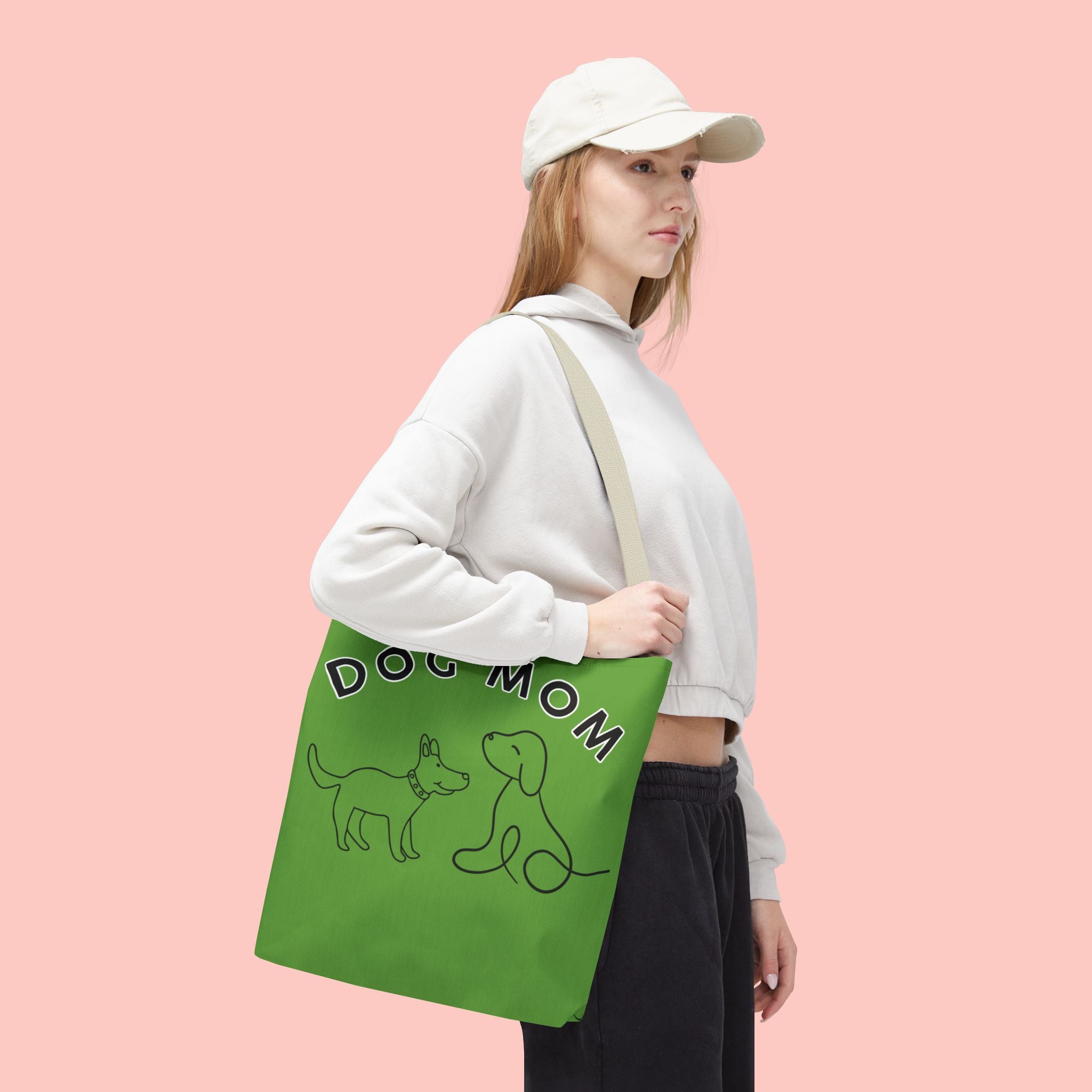 Dog Mom Tote Bag — Green All-Over-Print Cute Line-Drawing Dogs