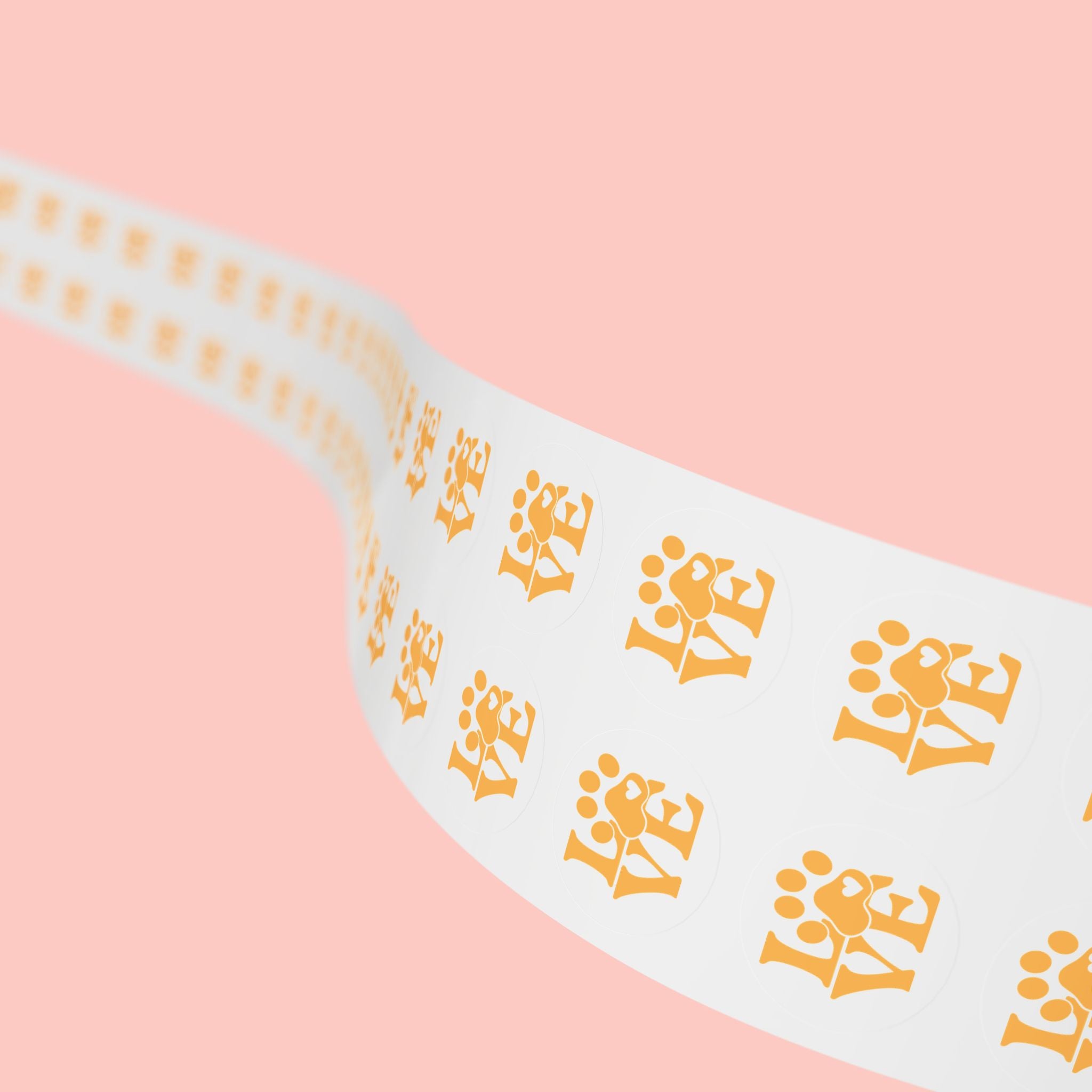 Round Pet Love Sticker Labels — Paw Print "LOVE" Roll