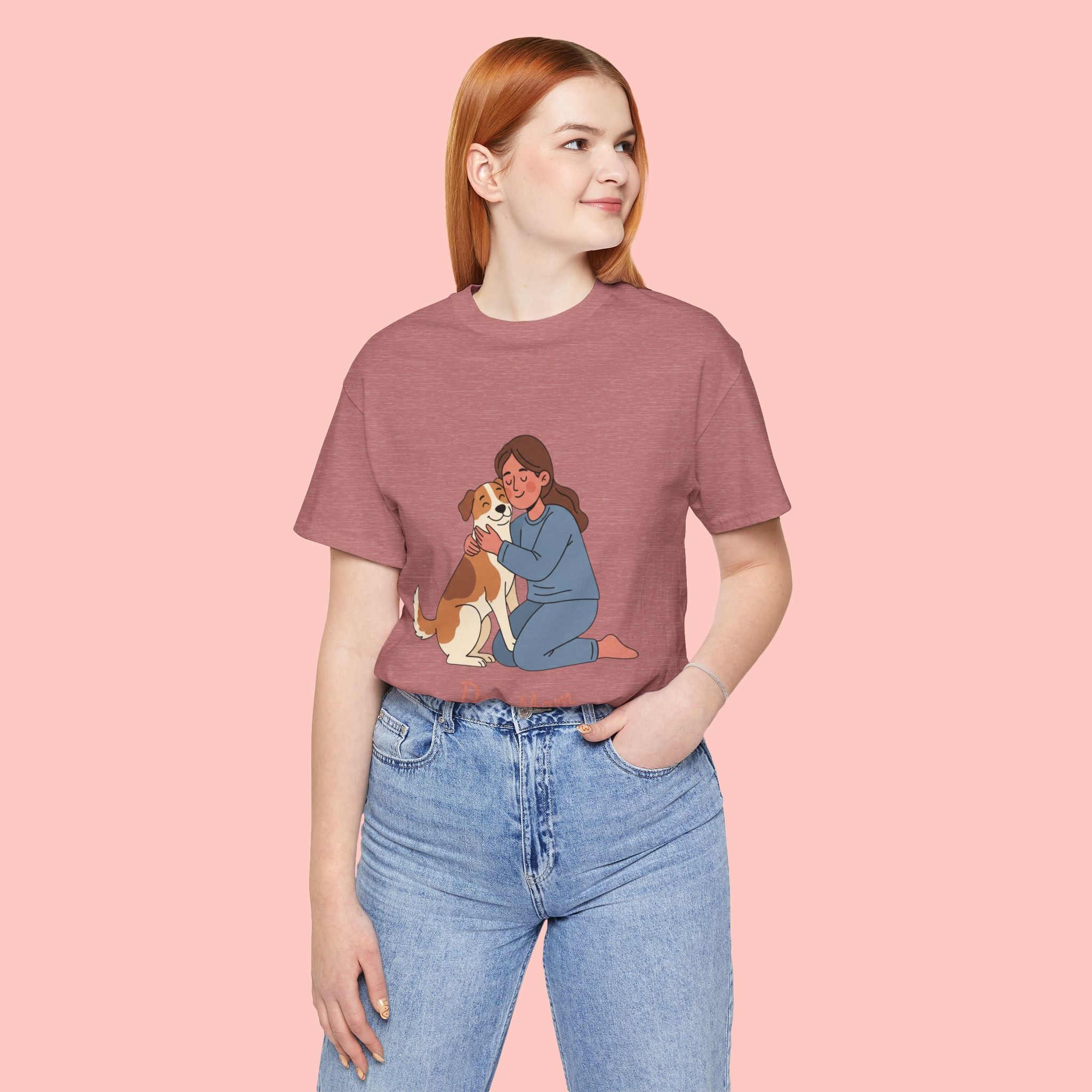 Dog Mom T‑Shirt — Cute Woman Hugging Dog Graphic Tee
