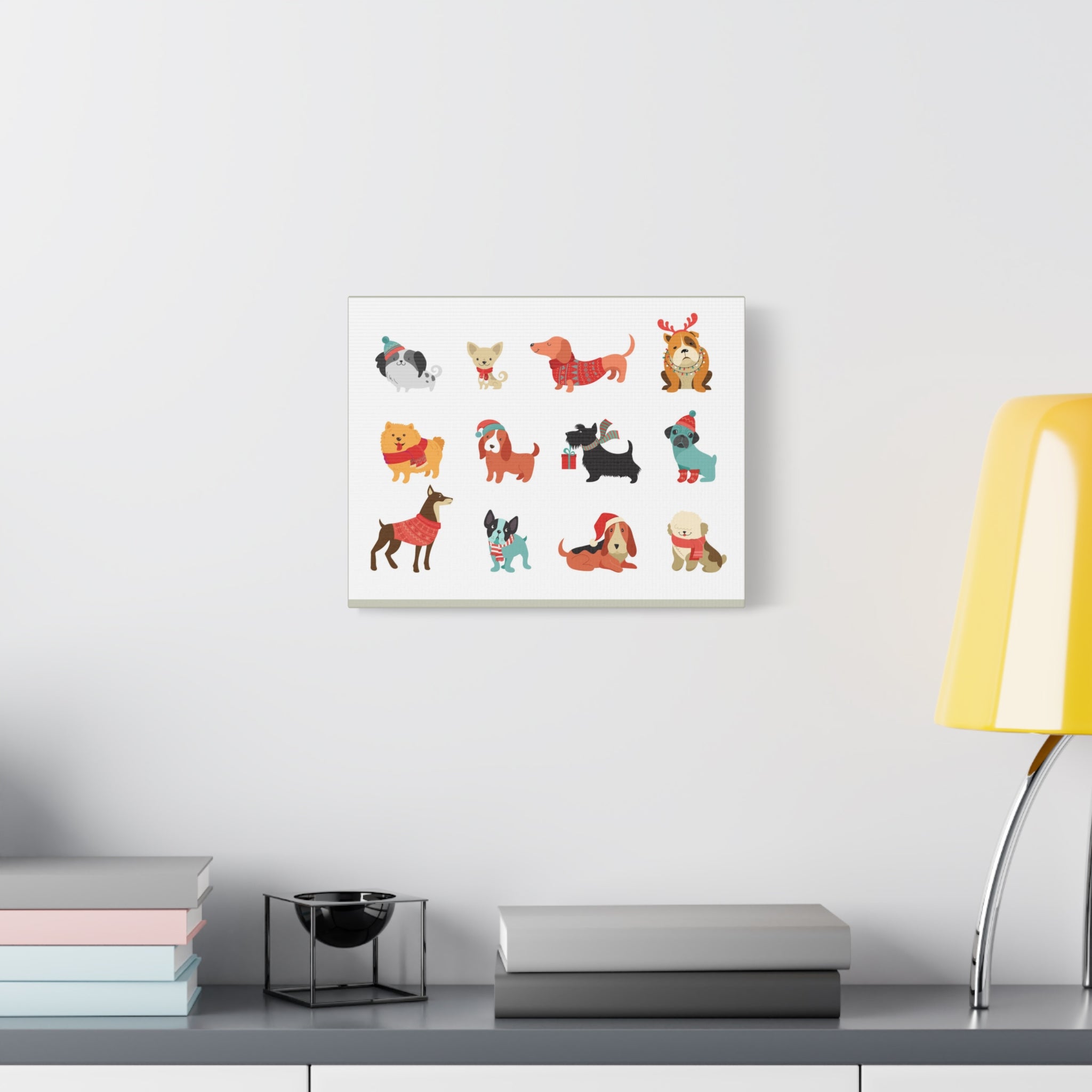 Holiday Dogs Canvas Wall Art — Cute Dachshund, Pug & Mixed Breeds in Winter Sweaters