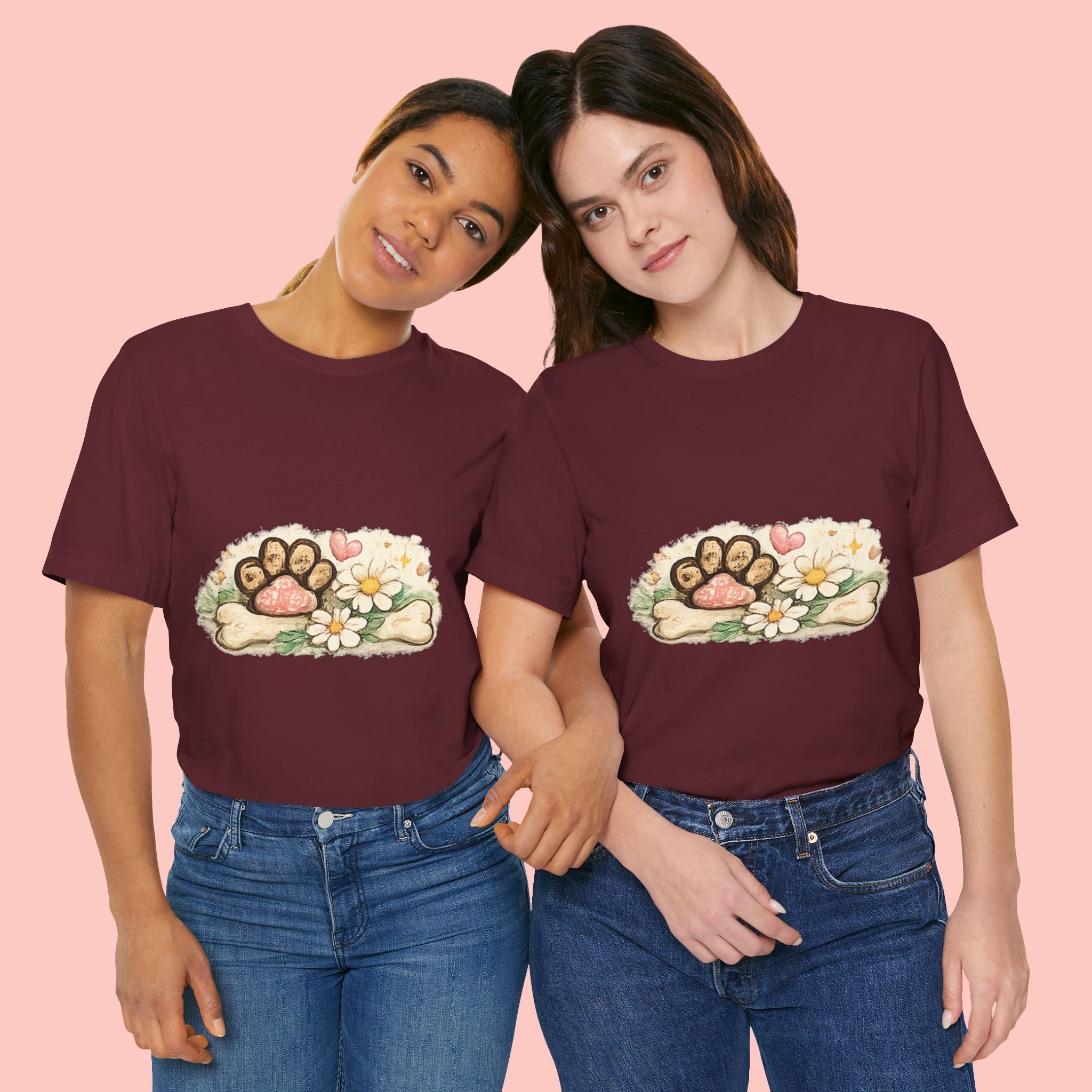 Dog Paw Floral T-Shirt — Cute Paw Print, Bone & Daisies Tee
