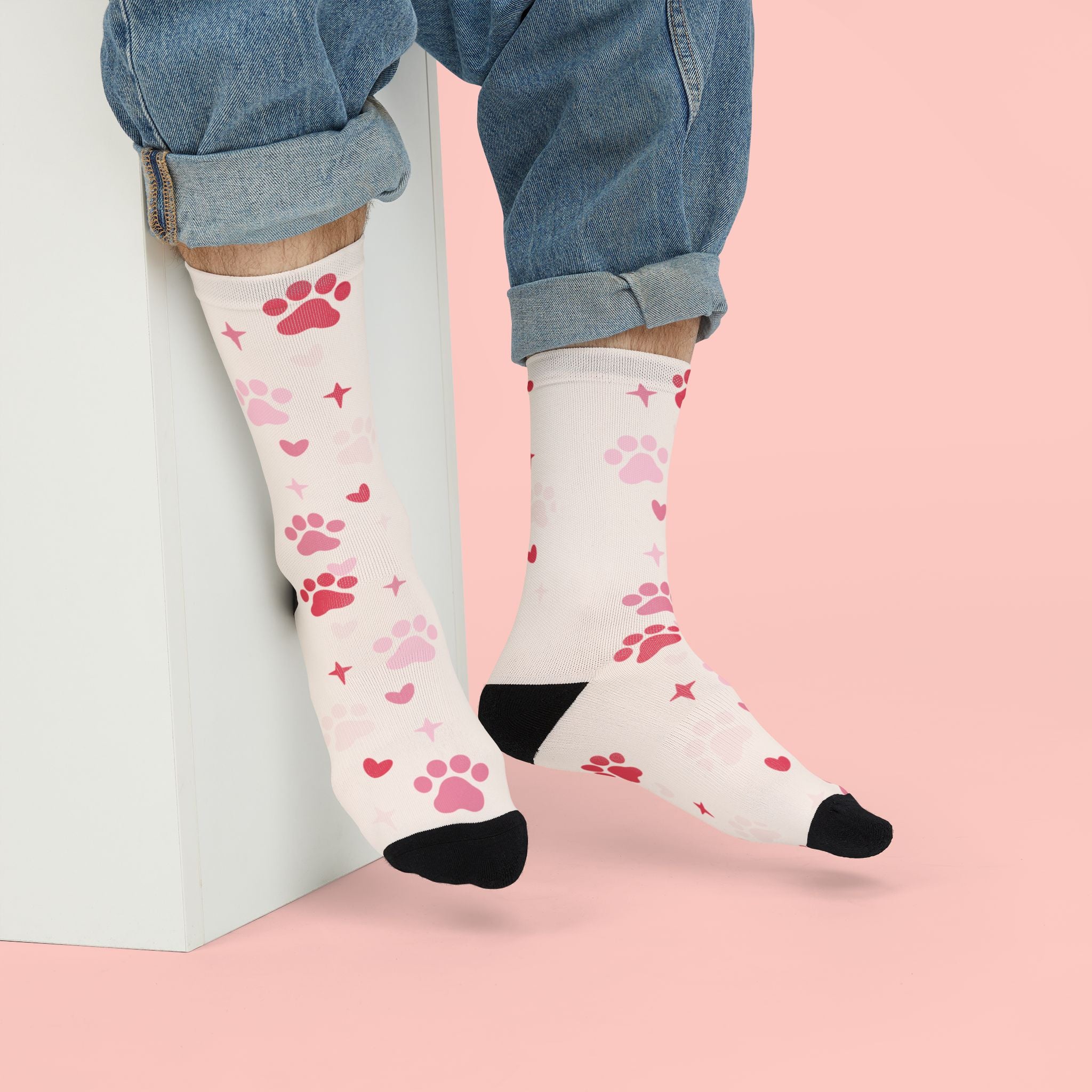 Paw Print Crew Socks — Pink Heart & Paw Sublimation Socks