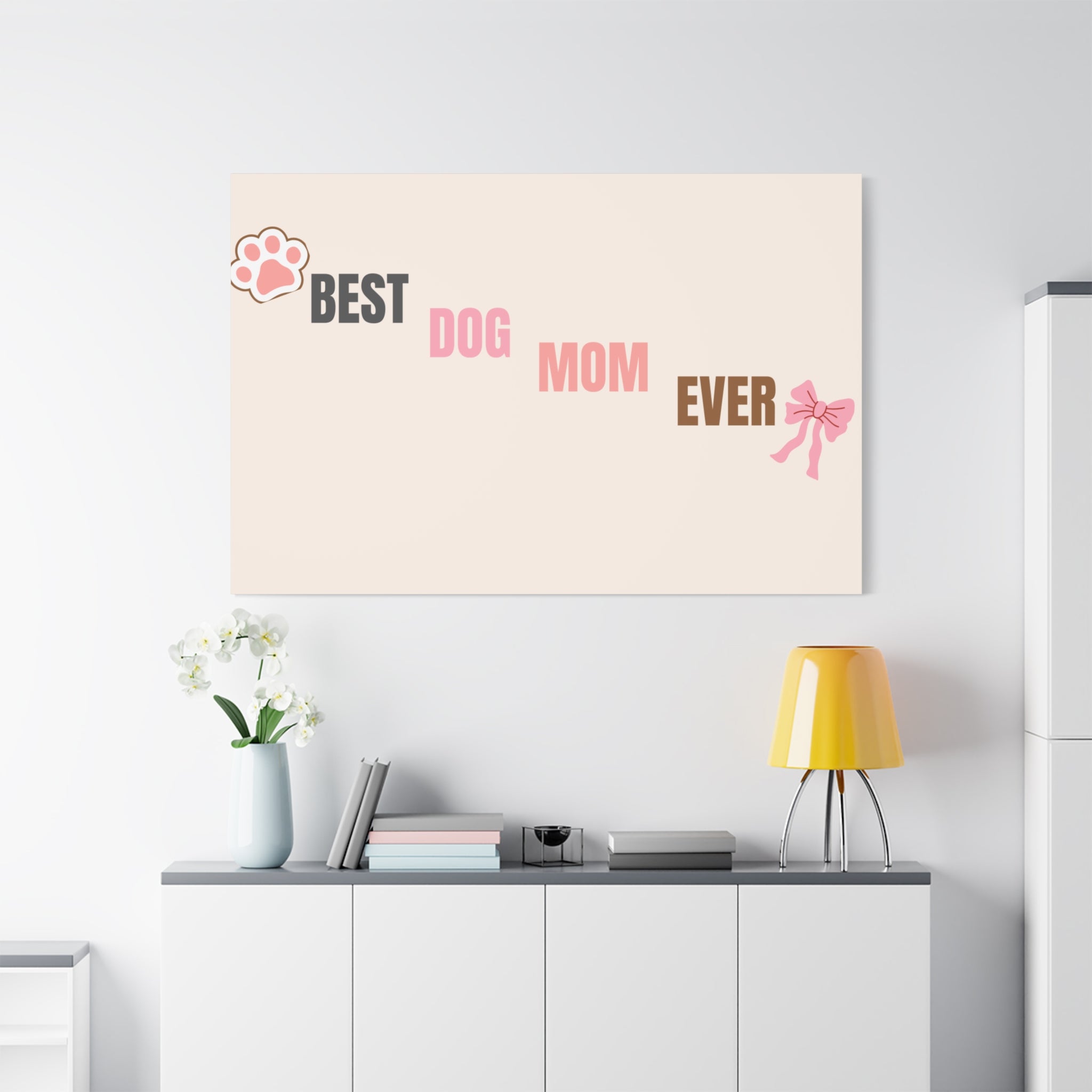 Best Dog Mom Ever Canvas Wall Art — Pink Paw & Bow Matte Stretched Canvas