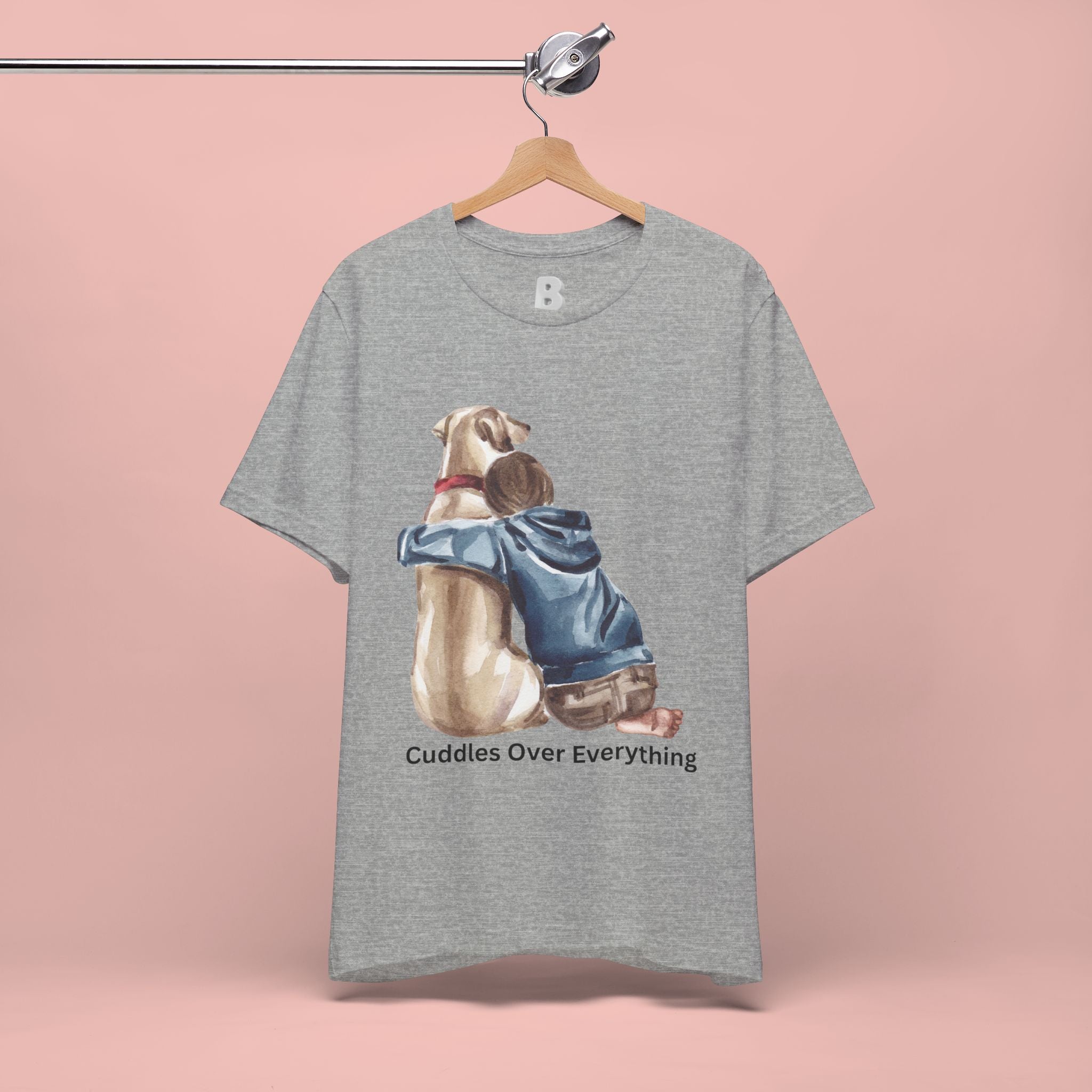 Cuddles Over Everything Tee — Boy Hugging Dog Animal Lover T-Shirt