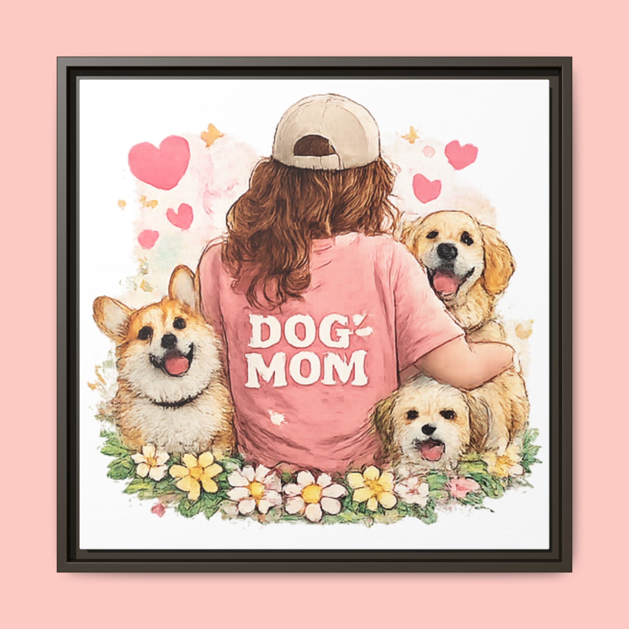 Dog Mom Canvas Print — Framed Matte Wall Art with Cute Dogs & Hearts