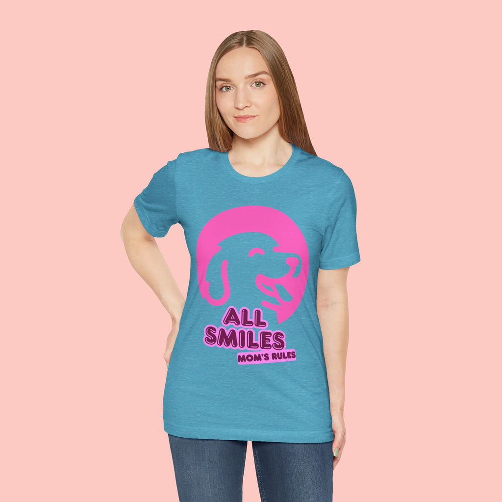 All Smiles Mom's Rules T-Shirt — Cute Pink Dog Graphic Tee for Moms & Pet Lovers