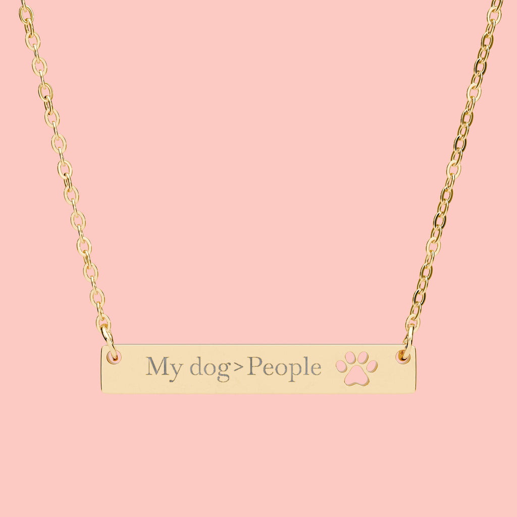 Cutout Paw Bar Necklace — Engraved "My dog People" Pet Lover Jewelry