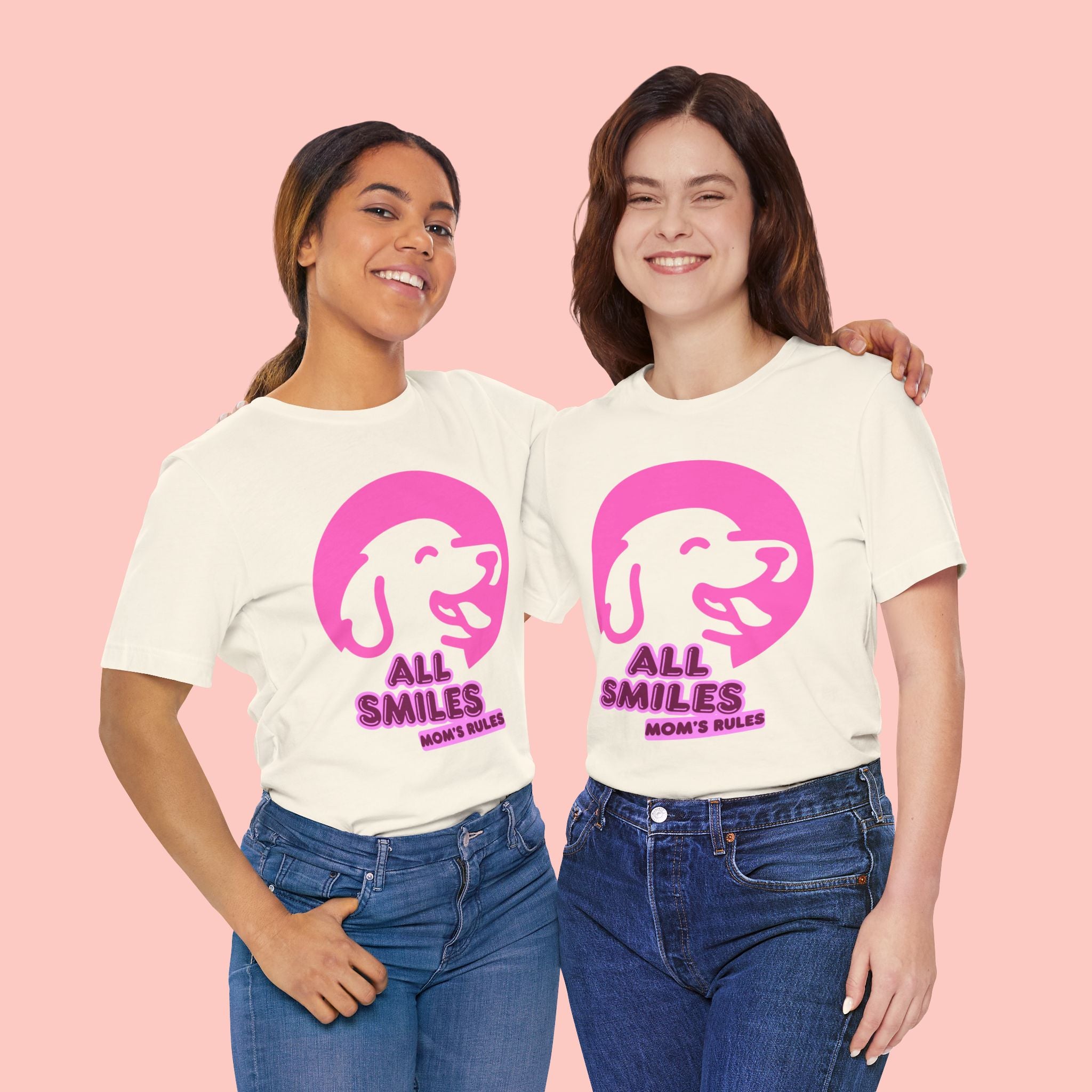 All Smiles Mom's Rules T-Shirt — Cute Pink Dog Graphic Tee for Moms & Pet Lovers