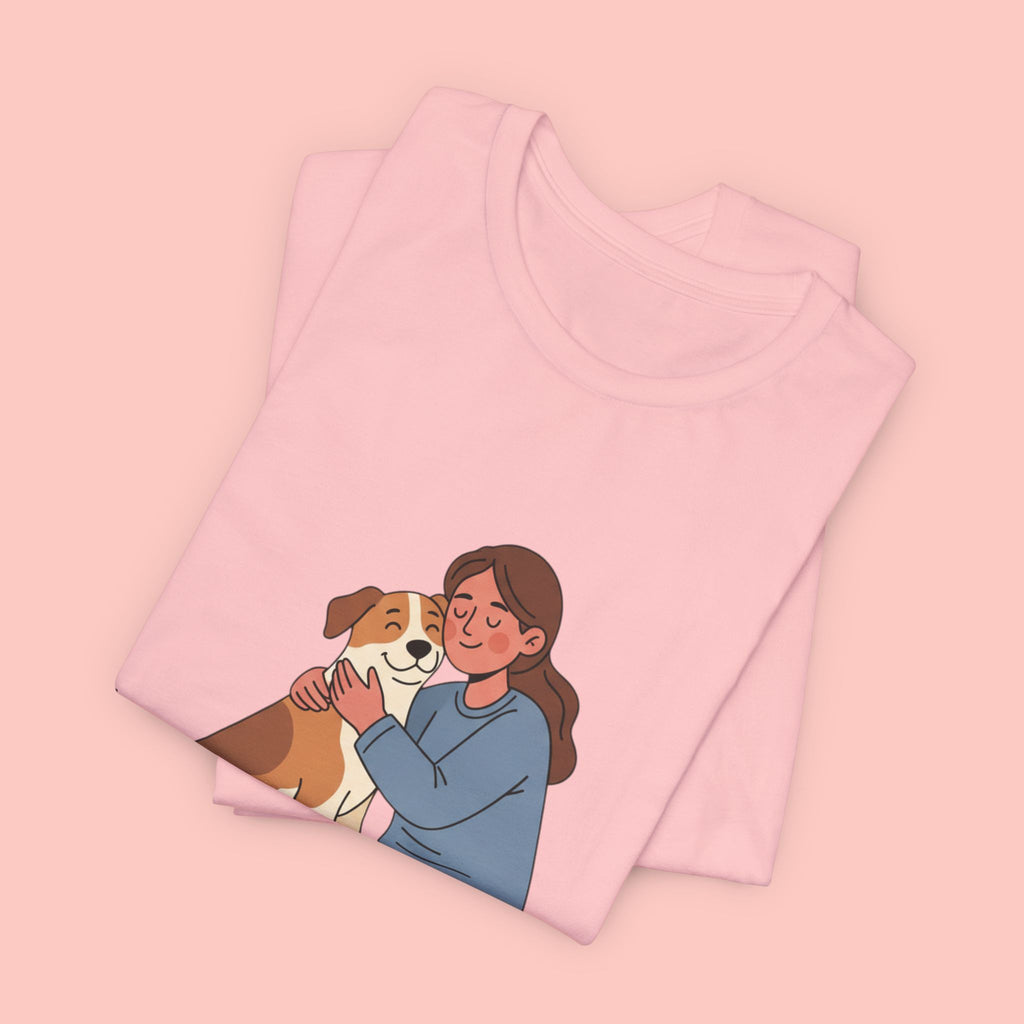 Dog Mom T‑Shirt — Cute Woman Hugging Dog Graphic Tee