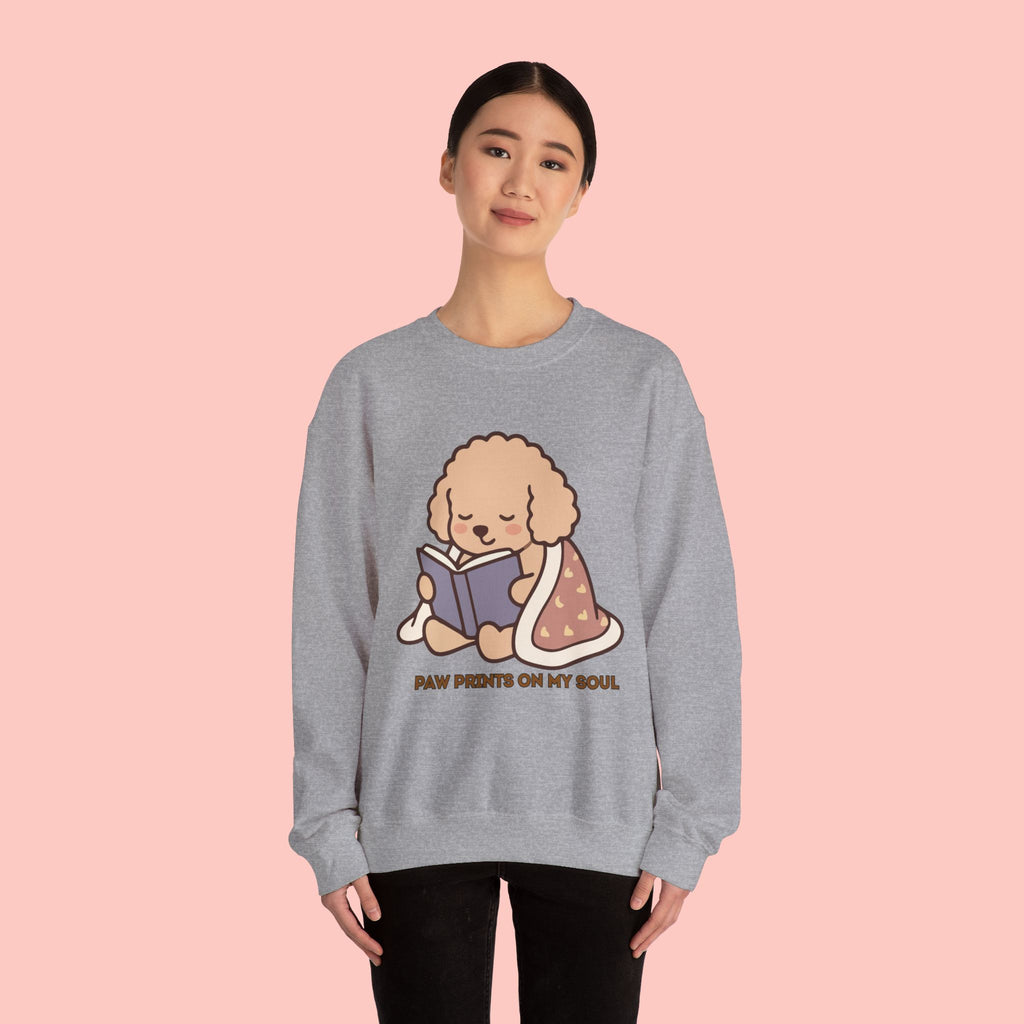 Cozy Reading Puppy Sweatshirt — "Paw Prints On My Soul" Crewneck