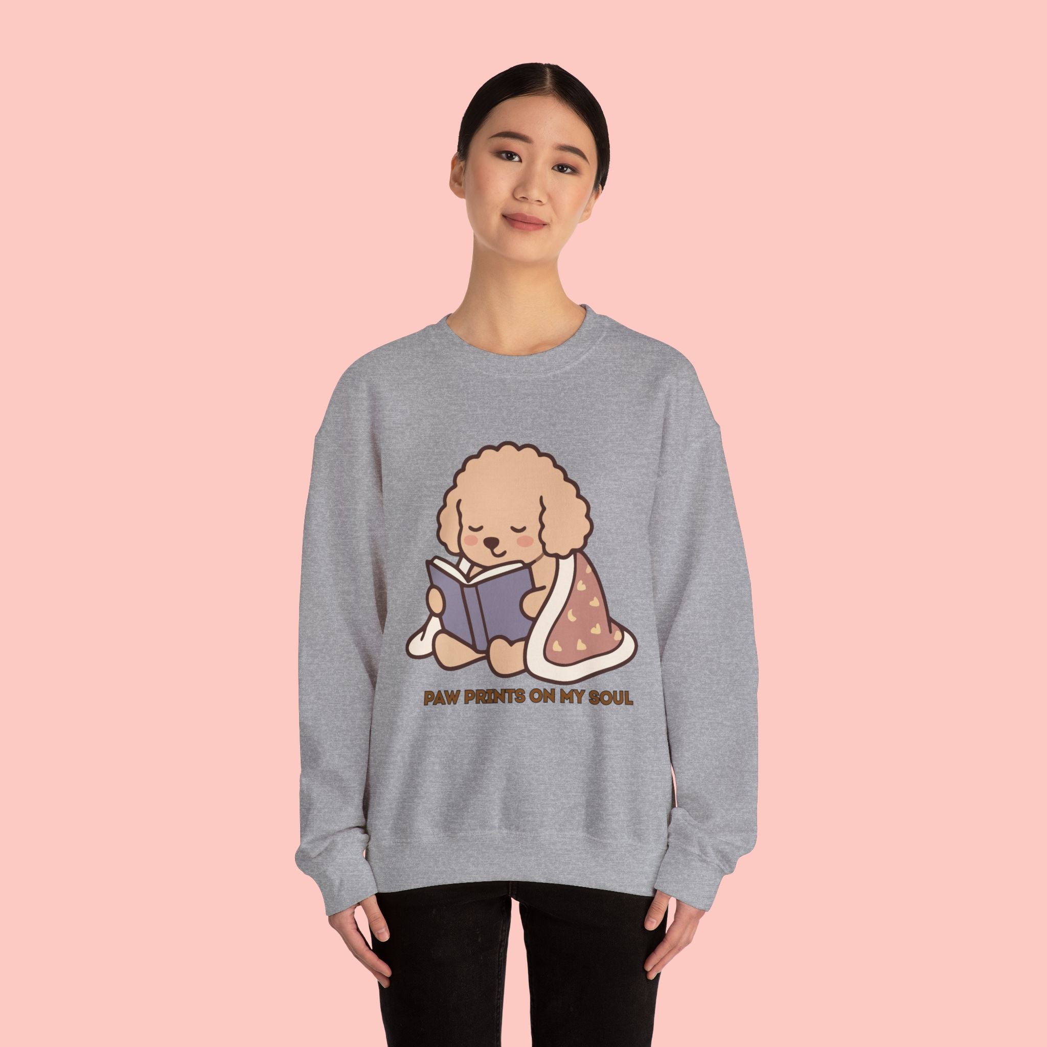 Cozy Reading Puppy Sweatshirt — "Paw Prints On My Soul" Crewneck