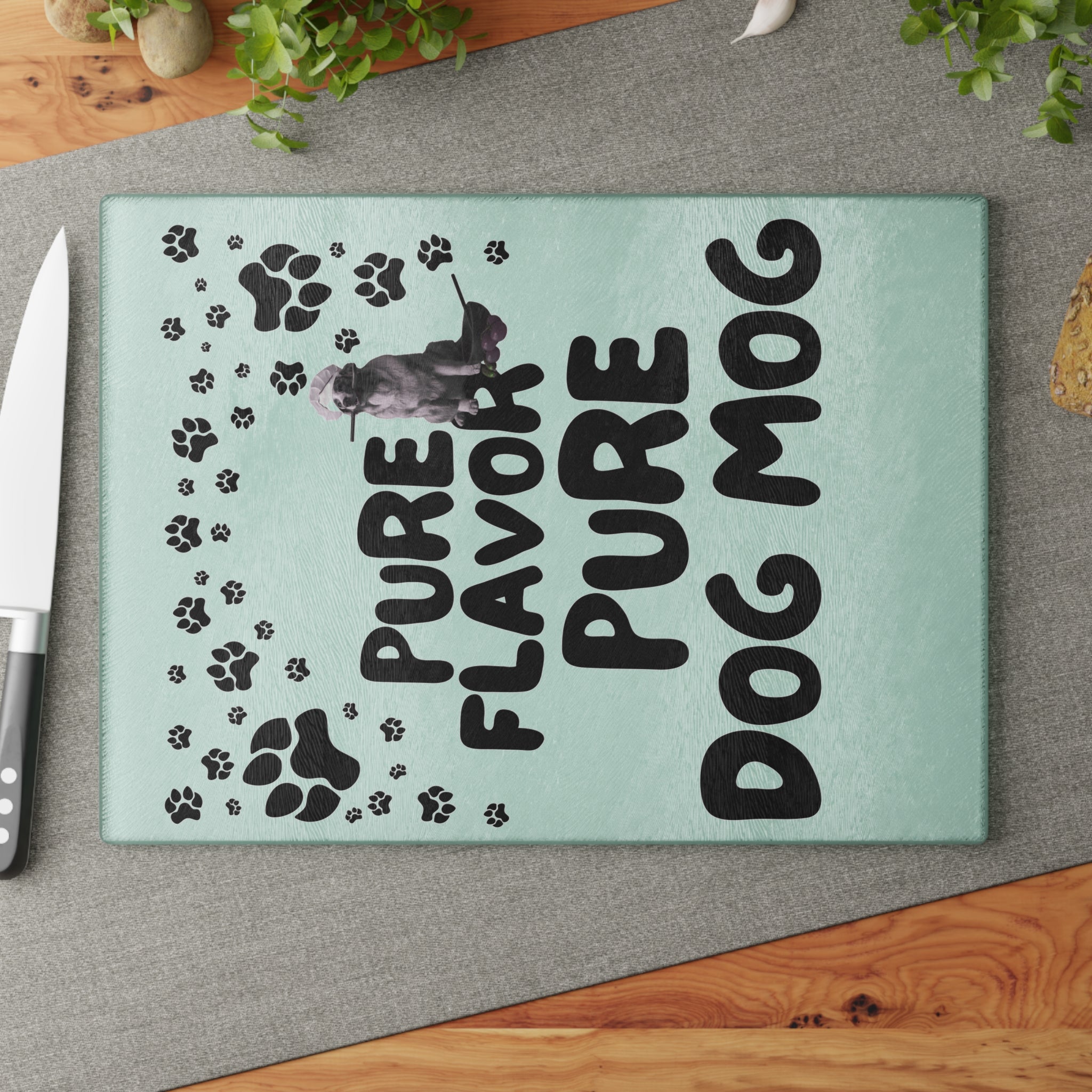 Dog Mom Glass Cutting Board – "Pure Flavor Pure Dog Mom" Paw Print Design
