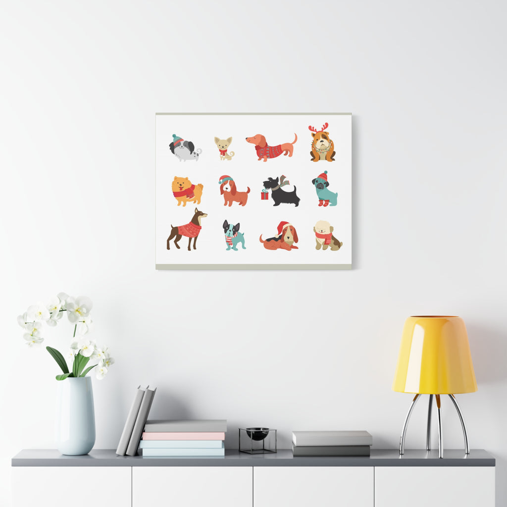 Holiday Dogs Canvas Wall Art — Cute Dachshund, Pug & Mixed Breeds in Winter Sweaters