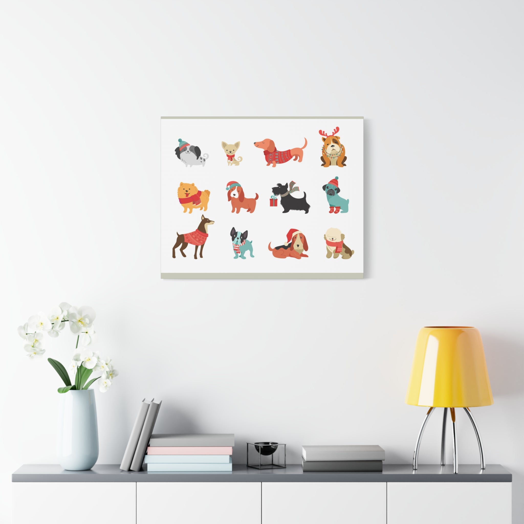 Holiday Dogs Canvas Wall Art — Cute Dachshund, Pug & Mixed Breeds in Winter Sweaters