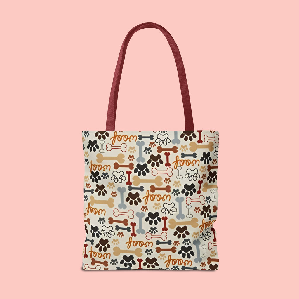 Dog Paw & Bone Pattern Tote Bag — 'Woof' All-Over Print Canvas Tote