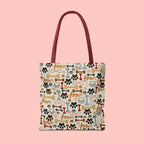 Dog Paw & Bone Pattern Tote Bag — 'Woof' All-Over Print Canvas Tote
