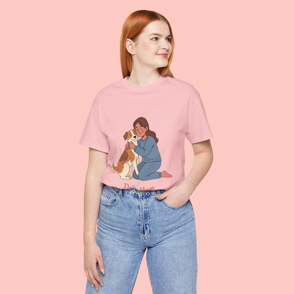 Dog Mom T‑Shirt — Cute Woman Hugging Dog Graphic Tee