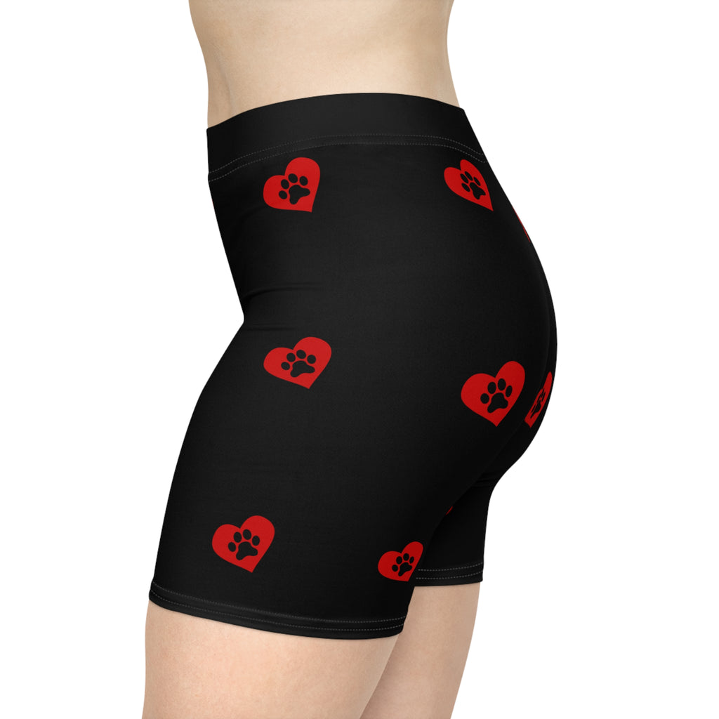 Biker Shorts — Black Red Paw-Print Heart Pattern