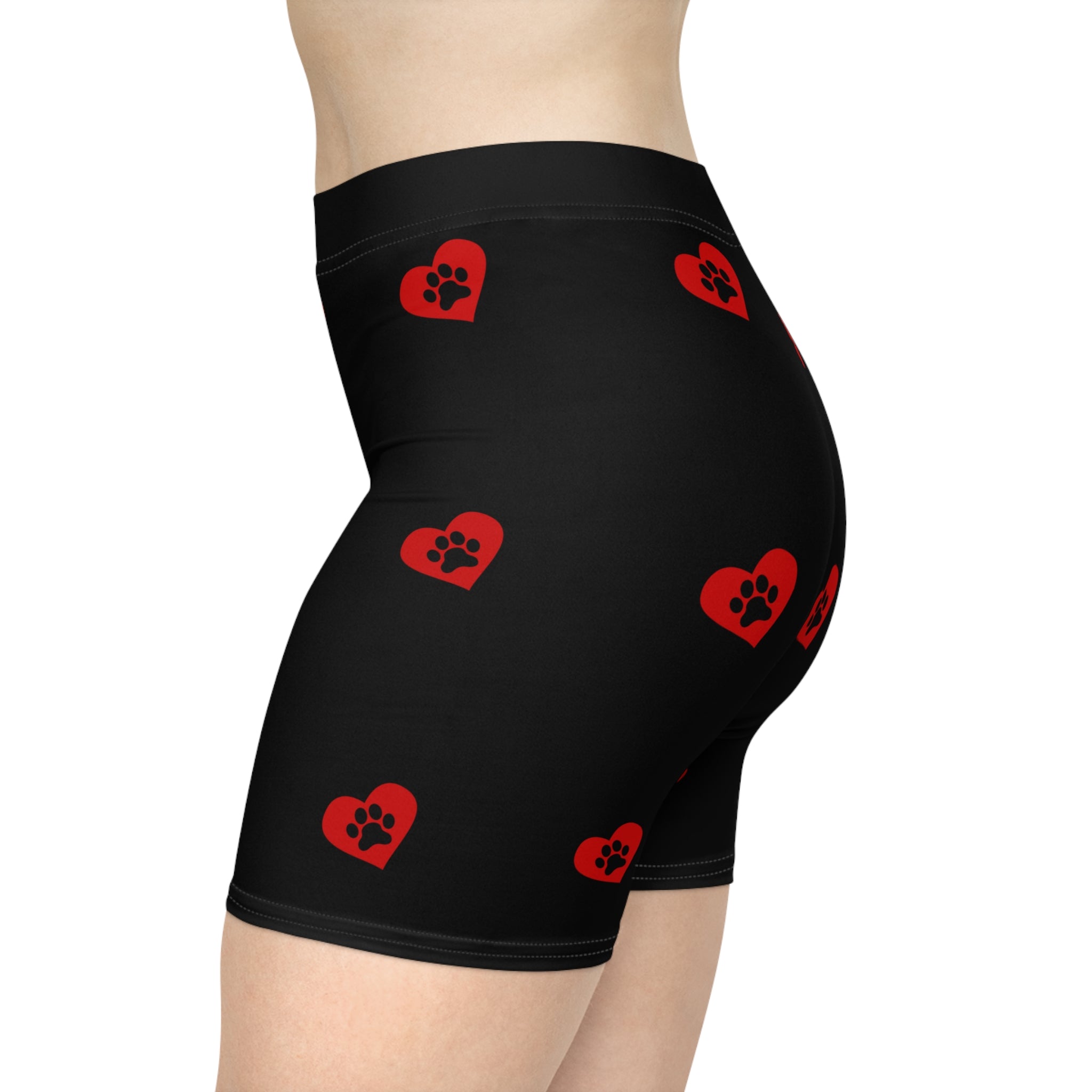 Biker Shorts — Black Red Paw-Print Heart Pattern
