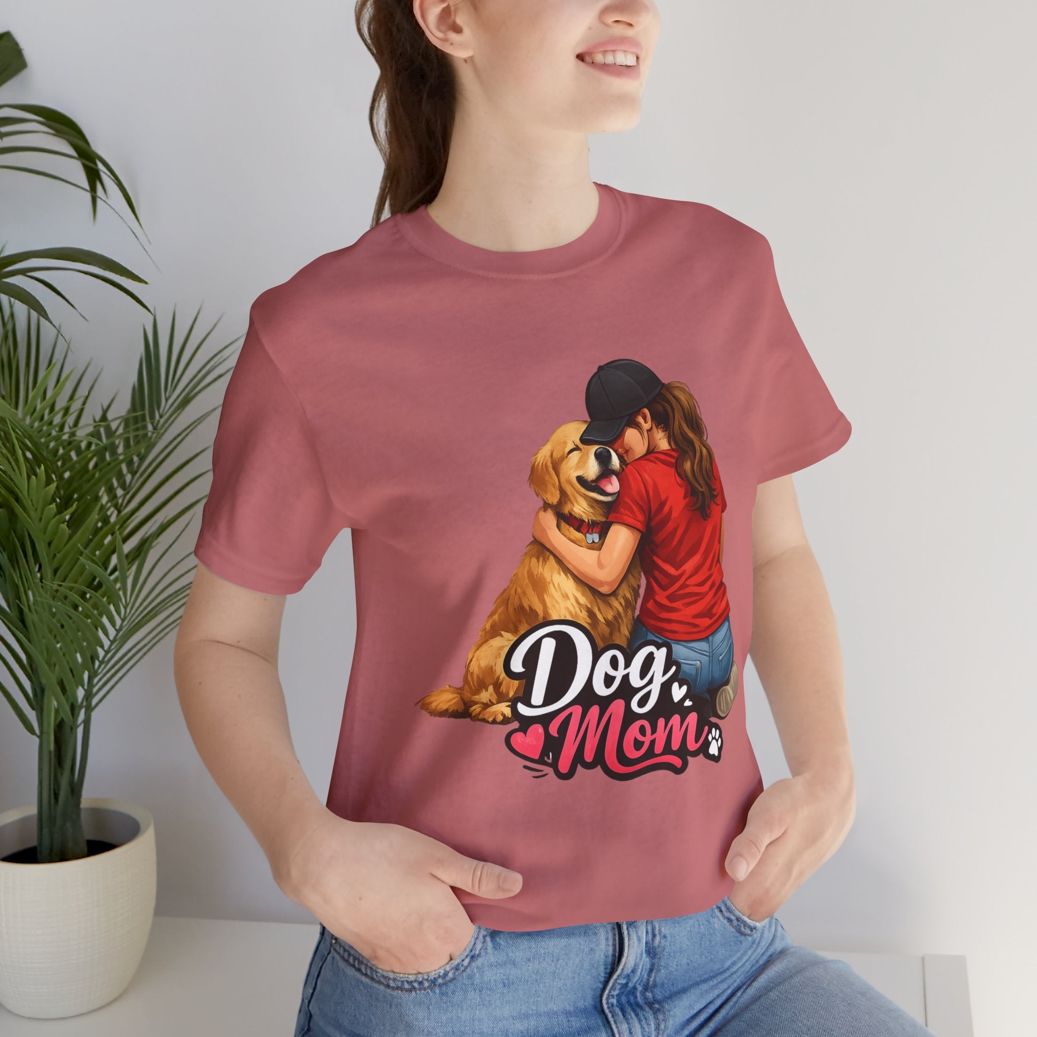 Dog Mom T-Shirt - Cute Woman Hugging Golden Retriever Tee