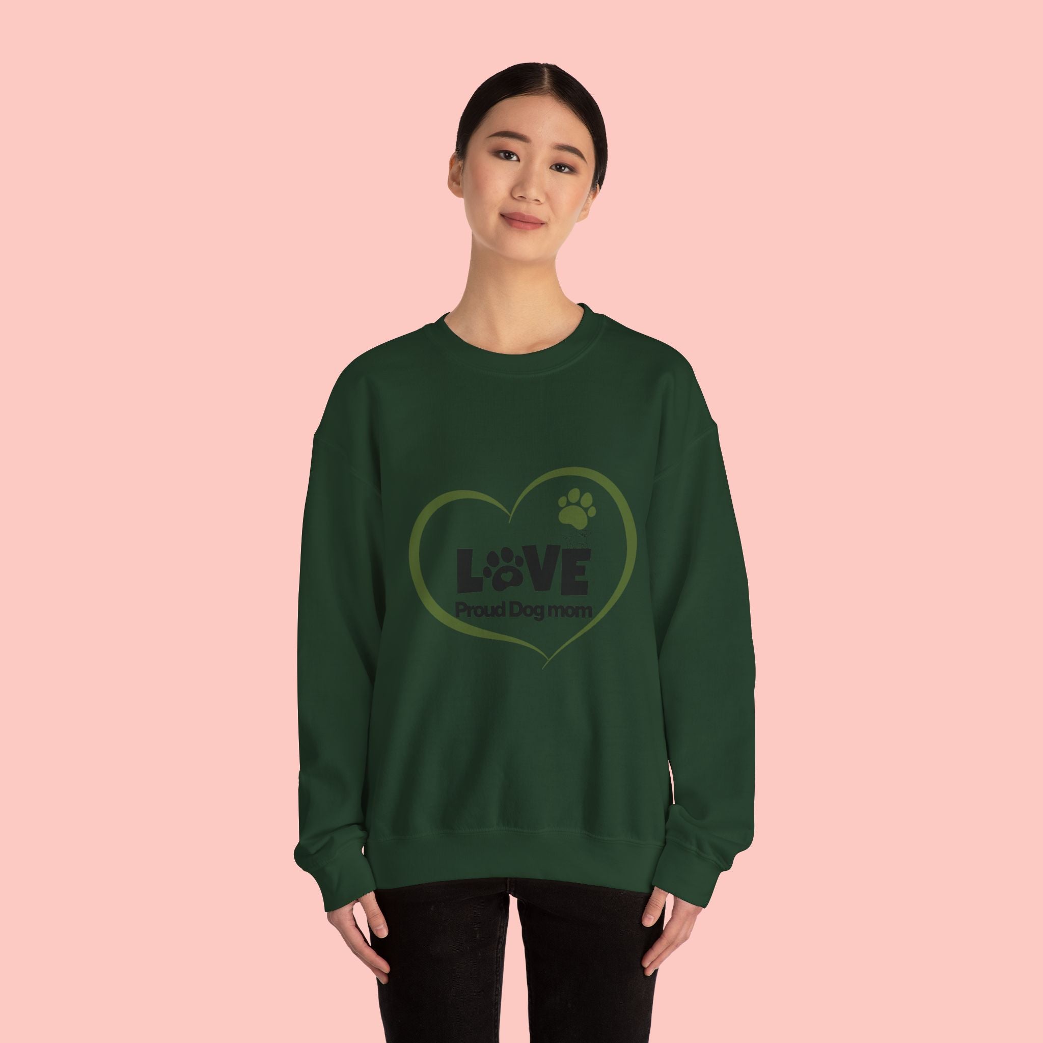 Dog Mom Heart Crewneck Sweatshirt — "LOVE Proud Dog Mom" Graphic
