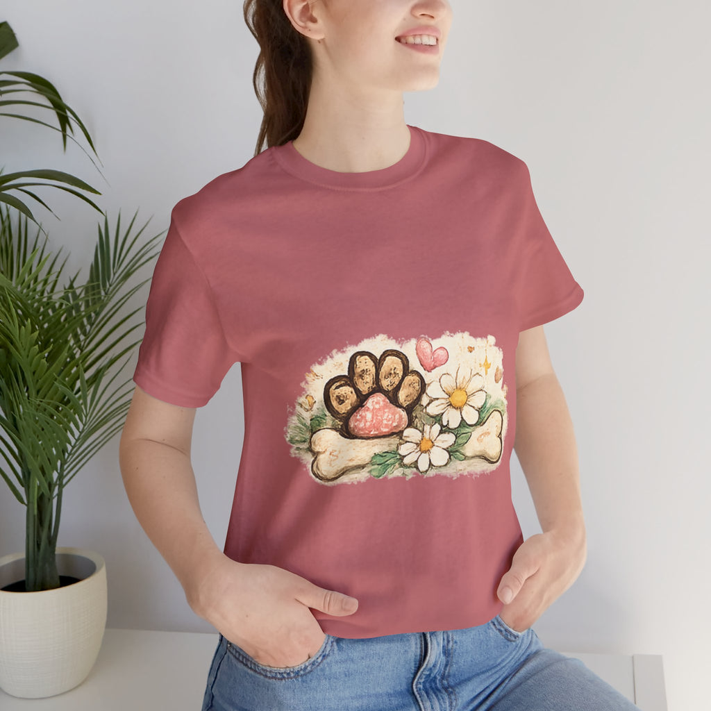 Dog Paw Floral T-Shirt — Cute Paw Print, Bone & Daisies Tee