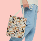 Dog Paw & Bone Pattern Tote Bag — 'Woof' All-Over Print Canvas Tote